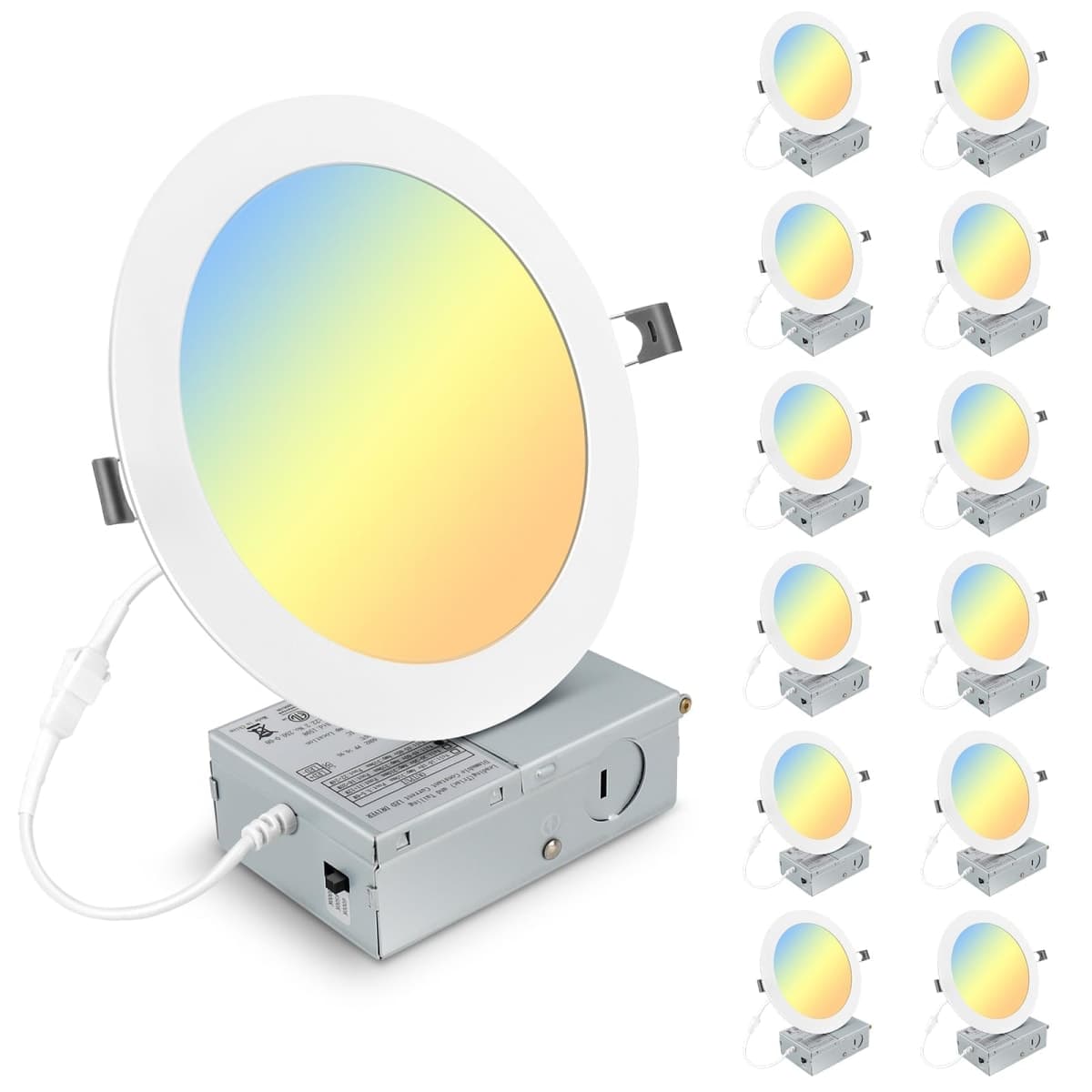 Elaruslux 12 Pack 7 Inch 3CCT Ultra-Thin LED Recessed Light with Junction Box, 3000K/4500K/6000K Selectable, 18W Eqv 125W, Dimmable Canless Downlight, 1600LM High Brightness