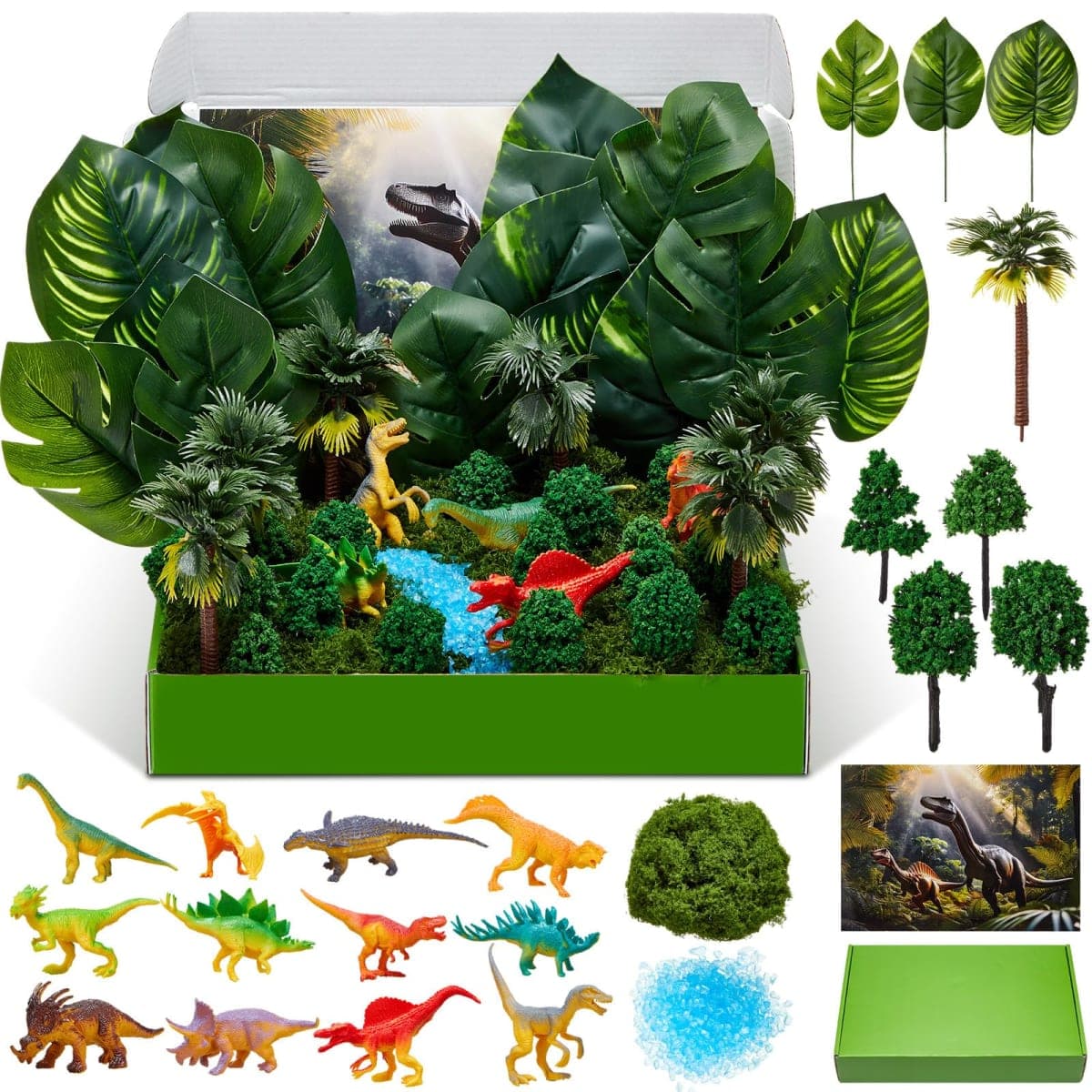 AmazingSpark Rainforest Diorama Kit Forest Animals Figures Including Diorama Box Model Tree, 3D Model Supplies for Birthday Party Favor(67 Pcs,Dinosaur)