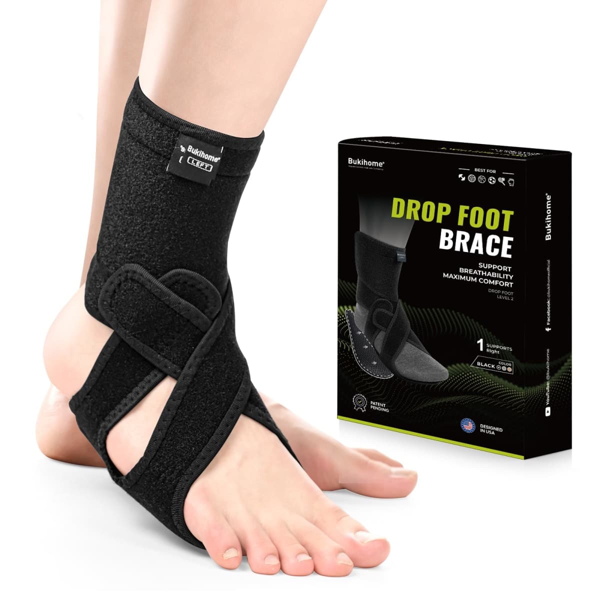 Bukihome Adjustable AFO Foot Drop Brace - Foot Support for Walking with Shoes, Socks, or Barefoot - Relieves Foot Drop, Plantar Fasciitis, Stroke & MS Recovery - Unisex（Right）