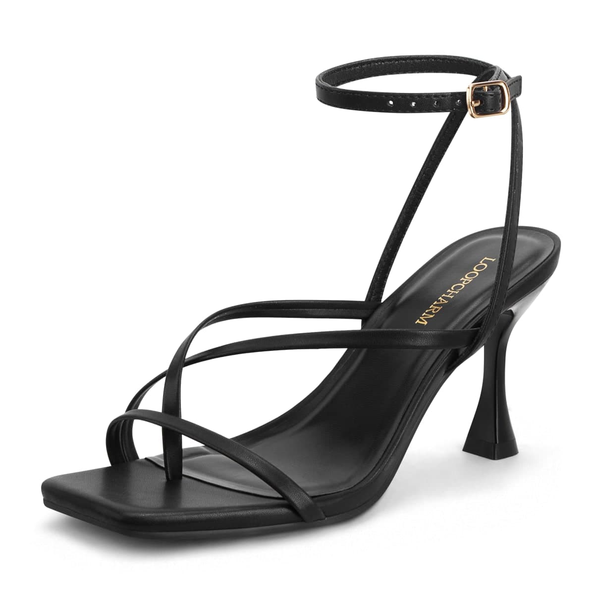 LOOPCHARM Women's Kitten Heel Sandals Strappy Square Open Toe Buckle Ankle Strap Shoes for Weddings,Parties and Casual Outdoor, Black Pu, 8.5
