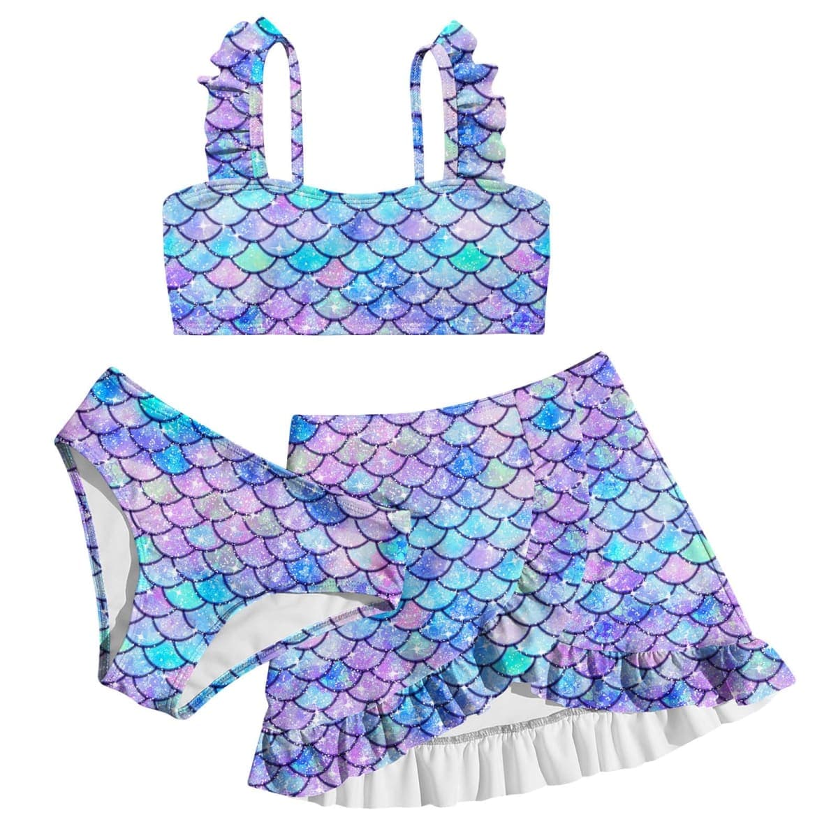 ALISISTER Girls Bathing Suits 3 Piece Swimsuit Summer Bikini Tankini Sets with Cover Up Skirt for 5-12 Years, 02 Mermaid-01, 7-8 Years
