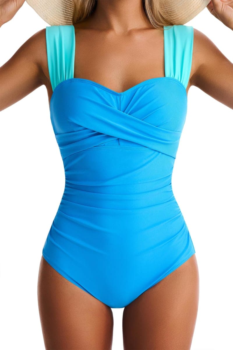 EVOCRCO Womens One Piece Swimsuits Tummy Control Bathing Suits Modest Full Coverage Swimsuit Wide Straps Swimwear, Blue, Small