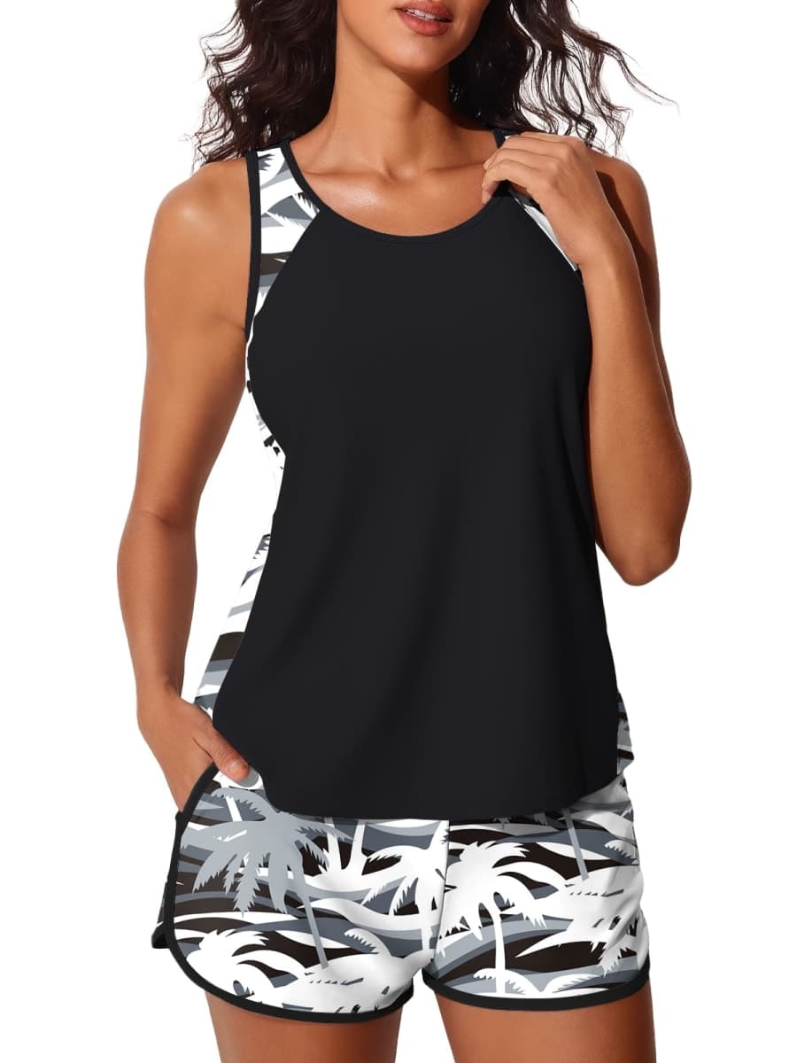 Summer Mae Blouson Tankini Swimsuits for Women Tummy Control Bathing Suits, Wavy Palm, 24 Plus