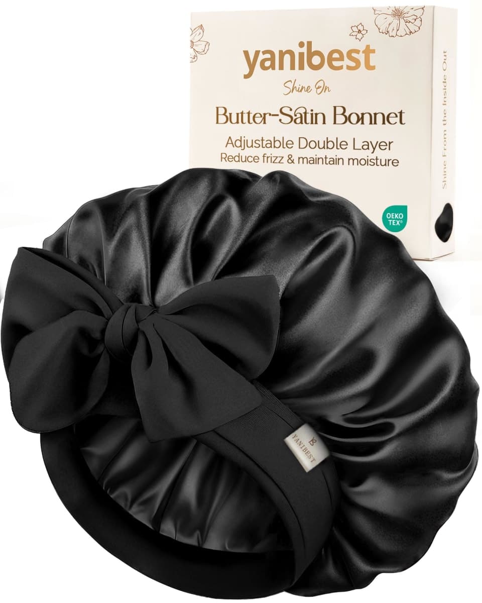 YANIBEST Large Jumbo Satin Hair Bonnets for Sleeping Double Layer Satin Lined Shower Cap for Women Men Cap for Curly Natural Hair,Black