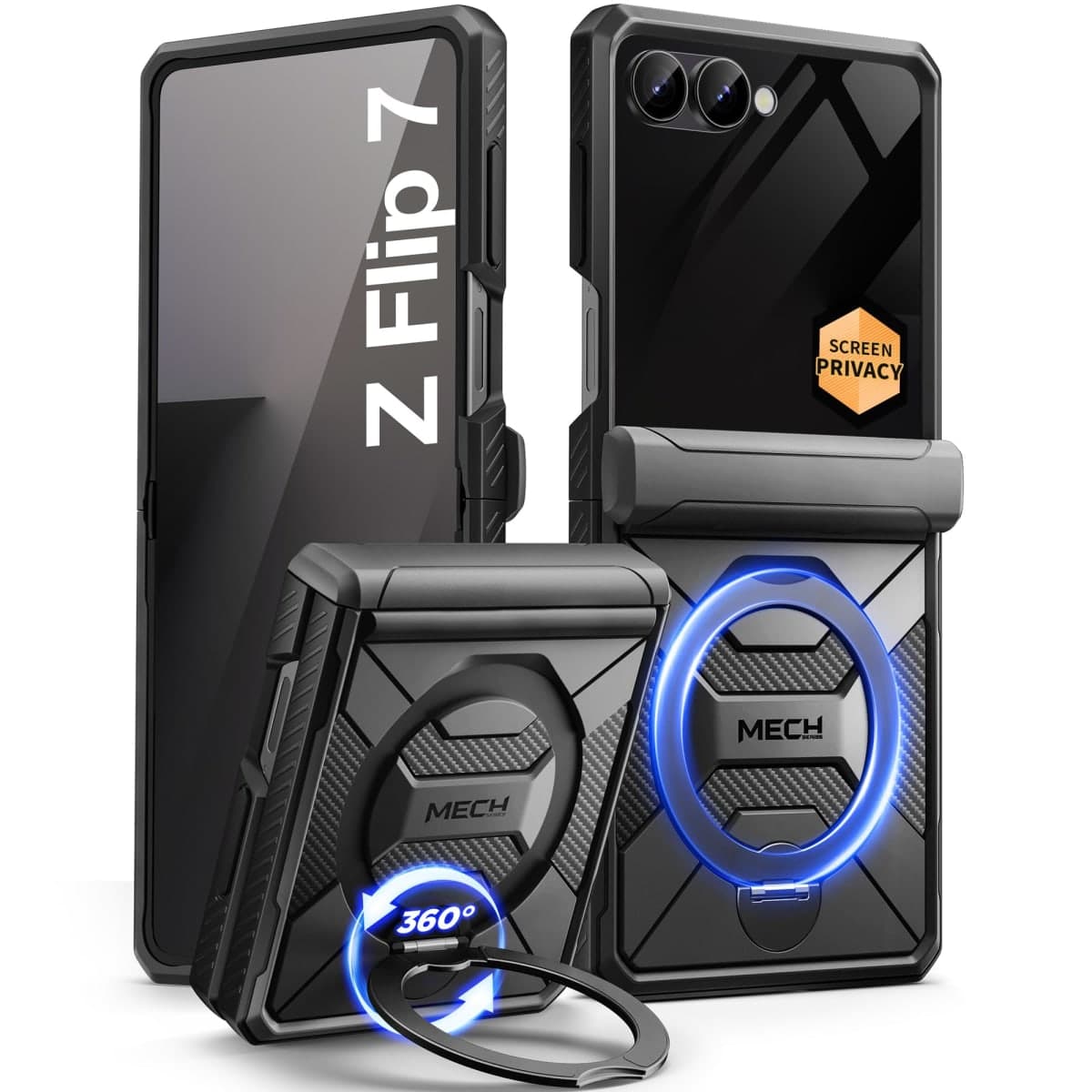 TONGATE 360° Spin Magnetic Stand for Z Flip 7 Case with Privacy Screen Protector, [Compatible with Magsafe] [Anti Spy] Full-Body Shockproof Samsung Galaxy Z Flip 7 Case with Hinge Protection, Blue