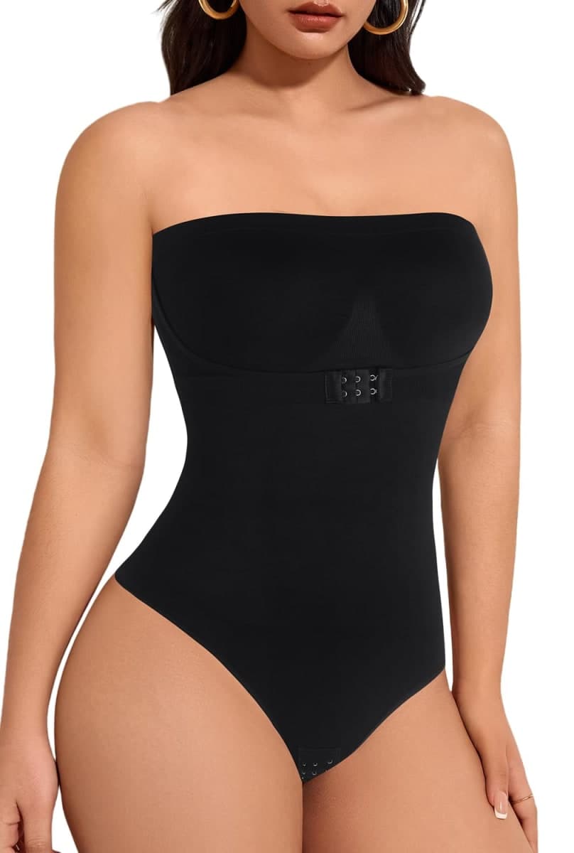 Sawwing Strapless Tummy Control Shapewear Bodysuit for Women - Seamless Snatched Waist Thong Body Shaper Postpartum Slimming, Black, Small