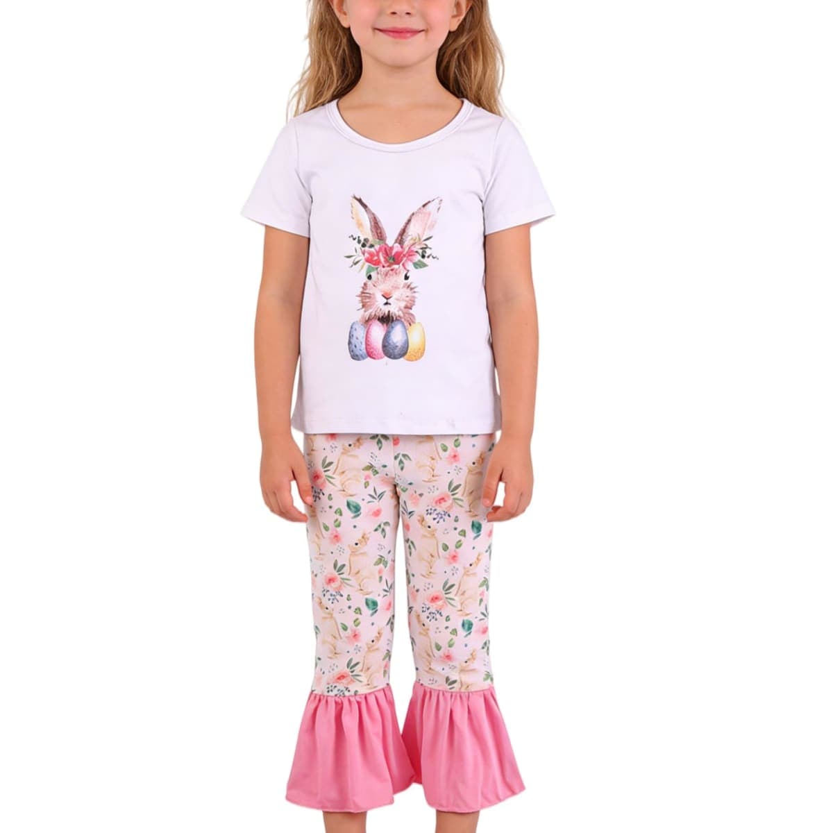 nebljgo Toddler Girl Easter Bunny Clothing Sets Spring Summer T-Shirt Leggings Pants Outfit 3-8Y, White Bunny, 6-7Y