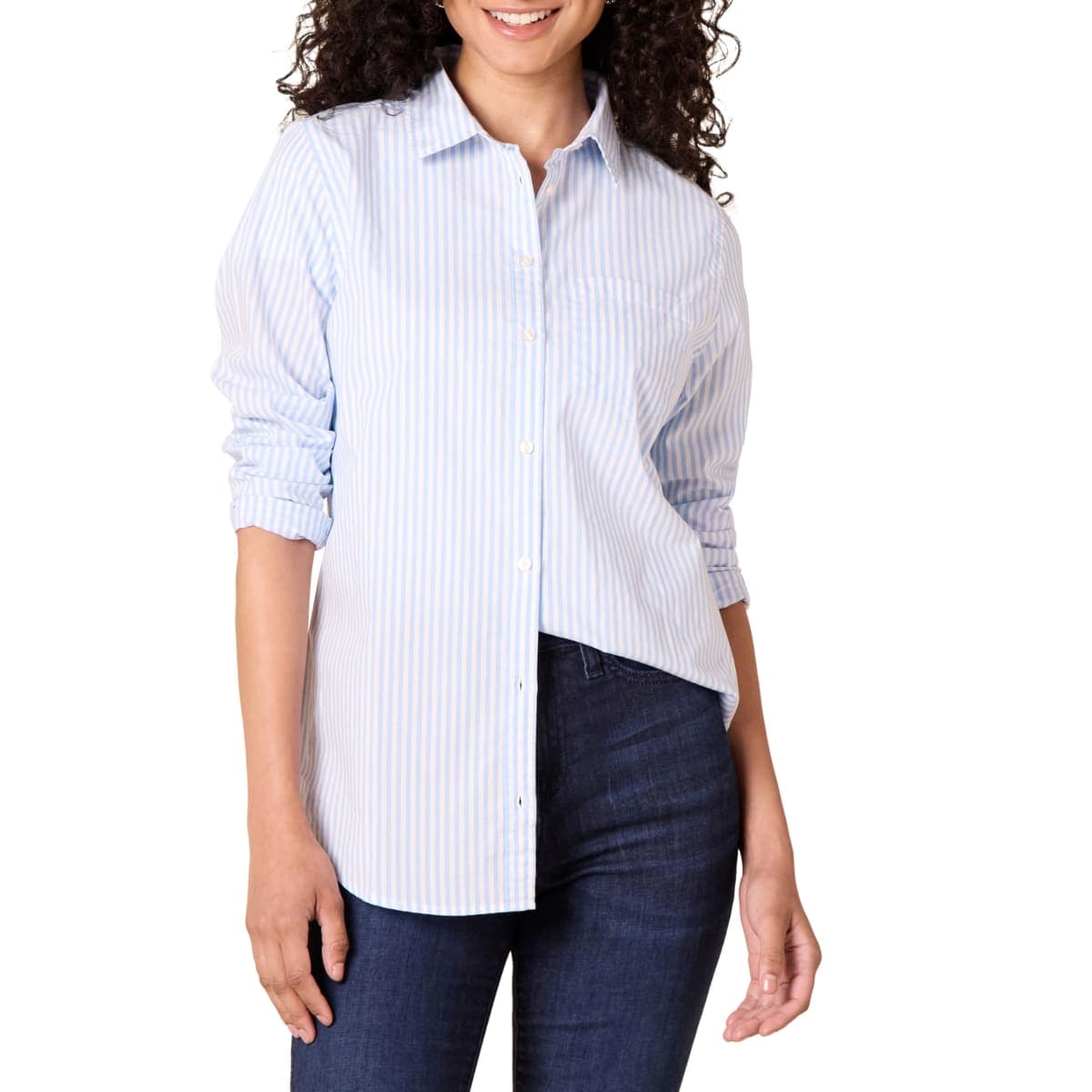 Amazon Essentials Women's Classic-Fit Long Sleeve Button Down Poplin Shirt, French Blue Stripe, M