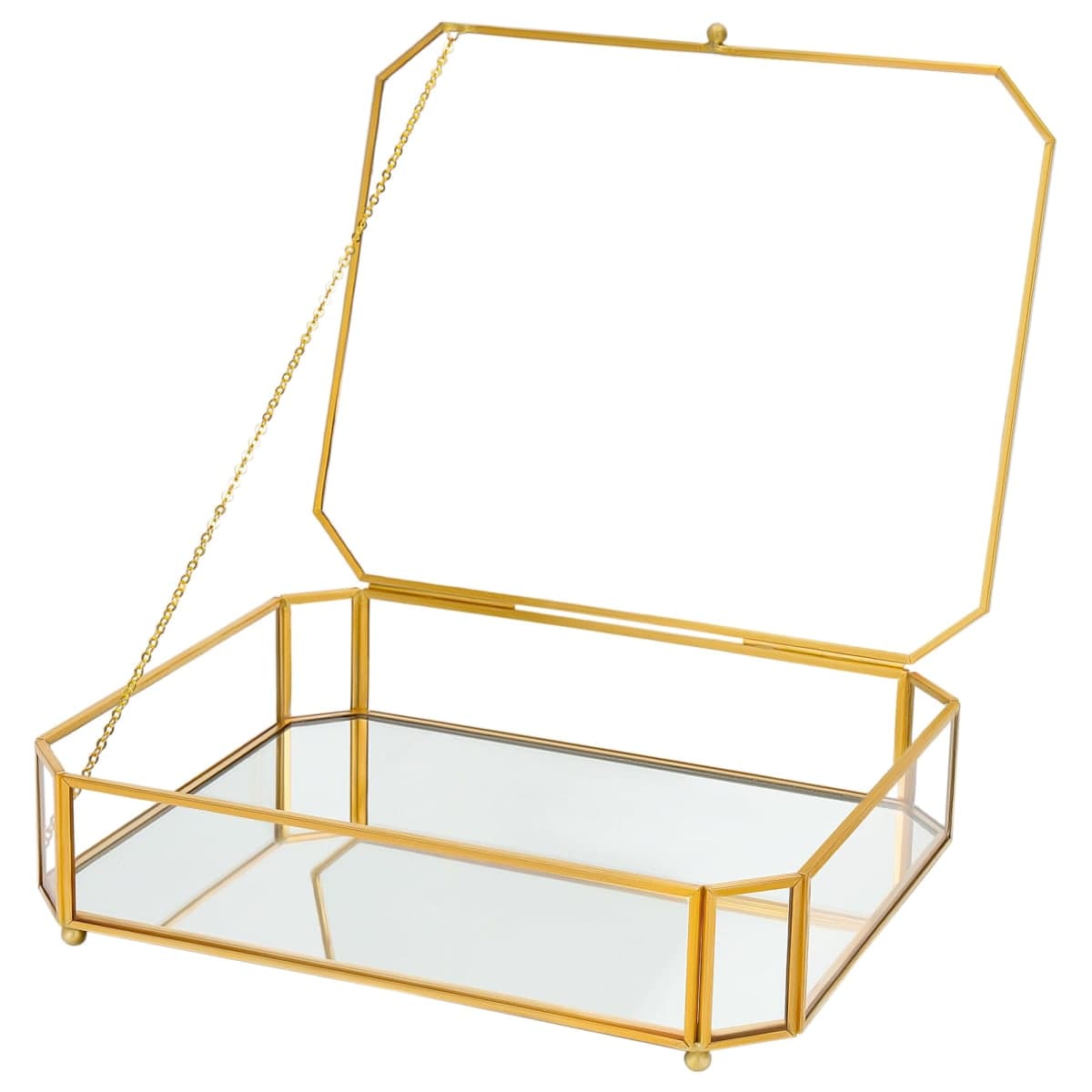 REDHUGO Large Glass Boxes for Display Handmade, Mirrored Bottom, Glass Jewelry Box with Lid, Trinket Box Book Photo Keepsake Organizer, Display Case for Vanity Decor Home Dresser, Octagon, Gold