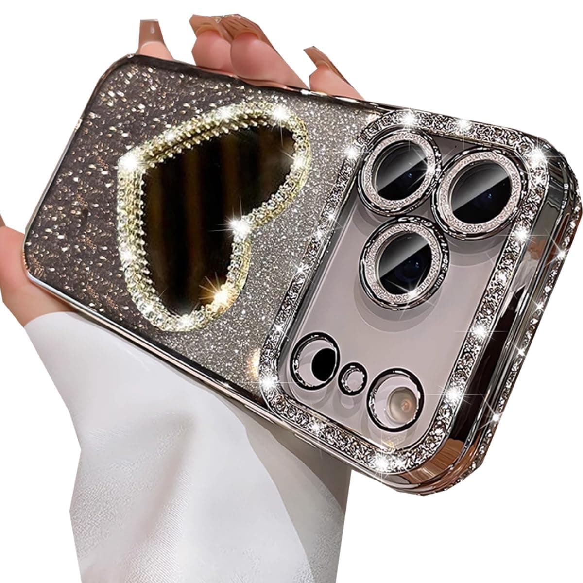 Changjia Glitter Mirror Case for iPhone Pro Max, Luxury Diamond Heart Makeup Mirror Bling Sparkly Rhinestones with Camera Protector Plating Bumper Women Girls Case for iPhone Pro Max 6.9" (Silver)