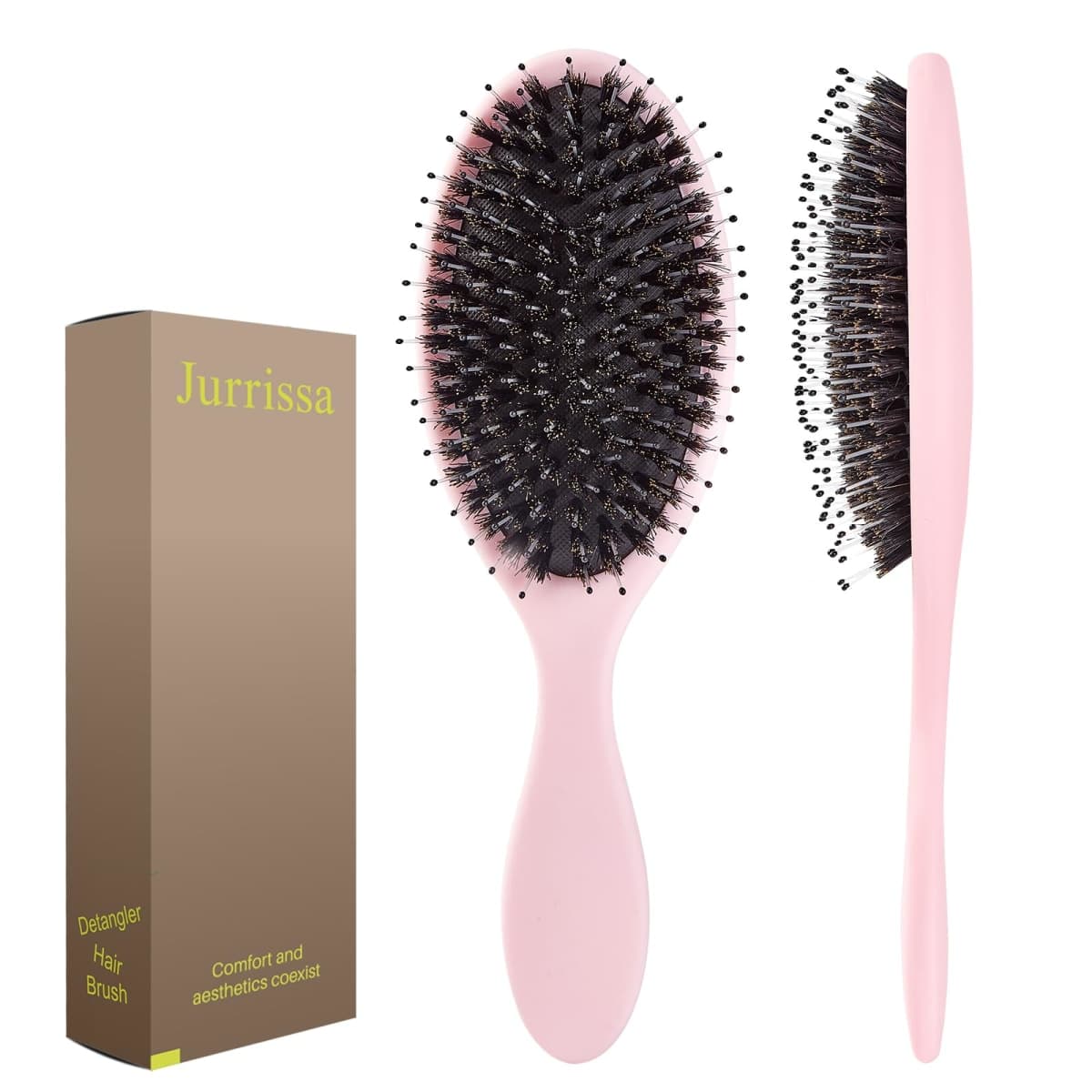 Jurrissa Boar Bristles Hair Brush for Women and Men,Detangling Hair Brush for Smoothing,Massage,Add Shine-Nylon&Boar Bristles Detangler brush for Hair Healthy(Pink)