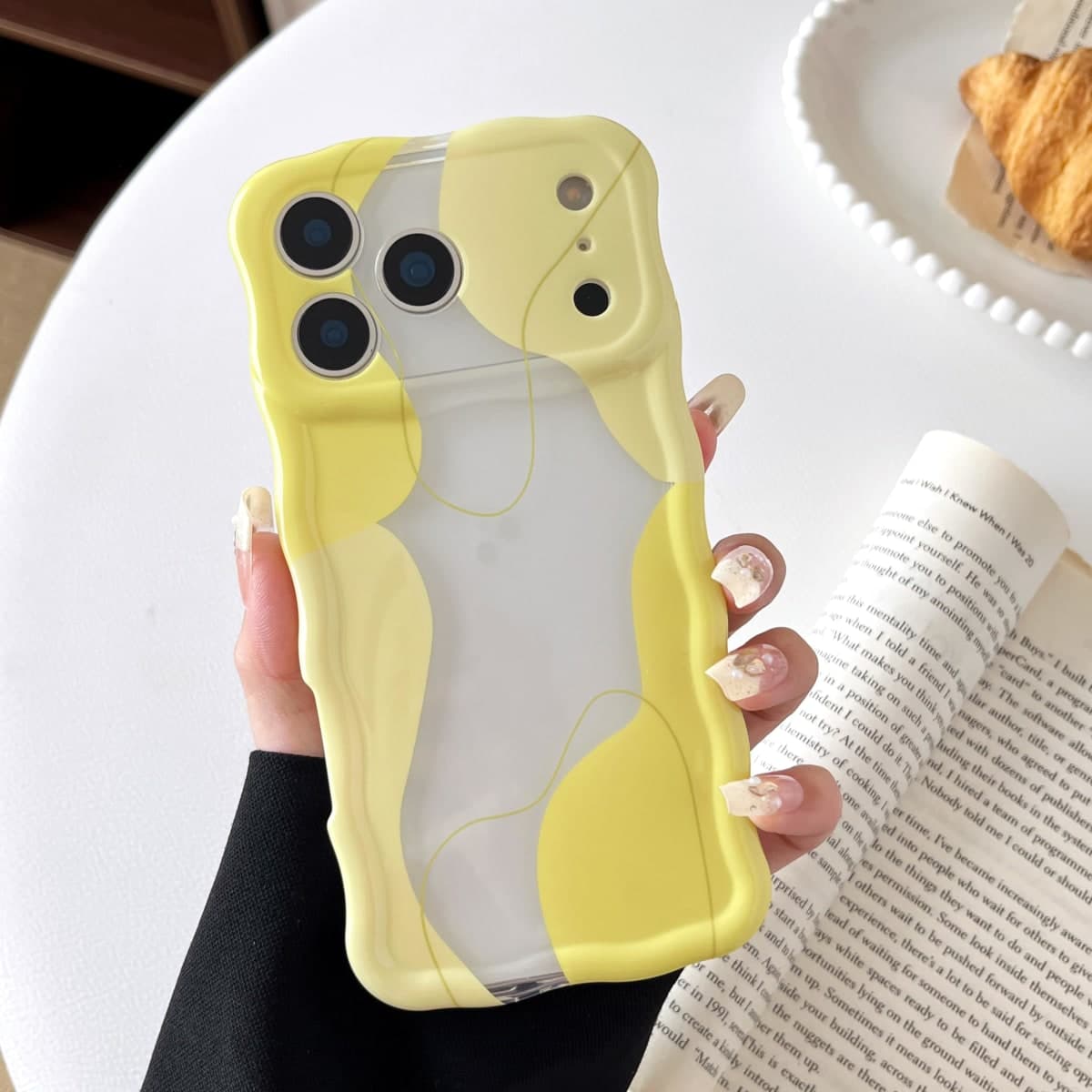 DEFBSC for iPhone 17 Pro Max Case,Cute Clear Wavy Art Design Aesthetic Pattern Phone Case for Women Girls,Wave Frame Durable Protective Cover Full Camera Protection Bumper for iPhone 17 Pro Max,Yellow