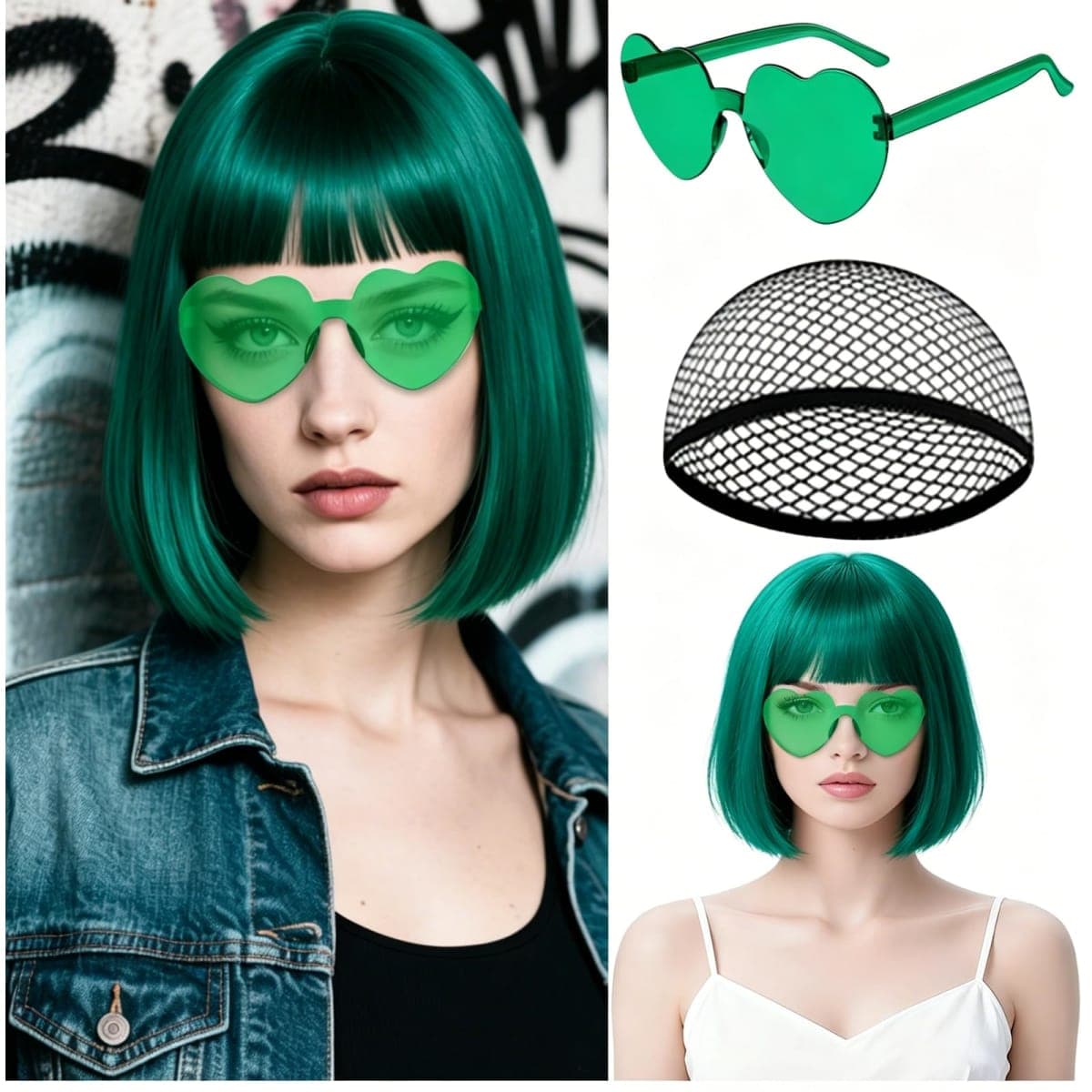 Short Bob Wigs Straight Hair with Flat Bangs Heart Shape Sunglasses for Women, MEEZY Colorful Funny Cosplay Party Neon Wig (Rose red mixed with purple)