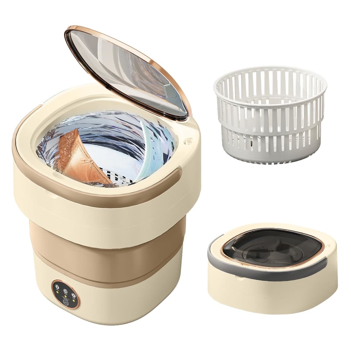 Portable Washing Machine 17L, Small Foldable Washer with Spin Basket, 3 Mode Deep Clean — Mini Laundry Machine for Travel, Dorms, Camping, Ideal for Baby Clothes, Underwear, Socks Beige