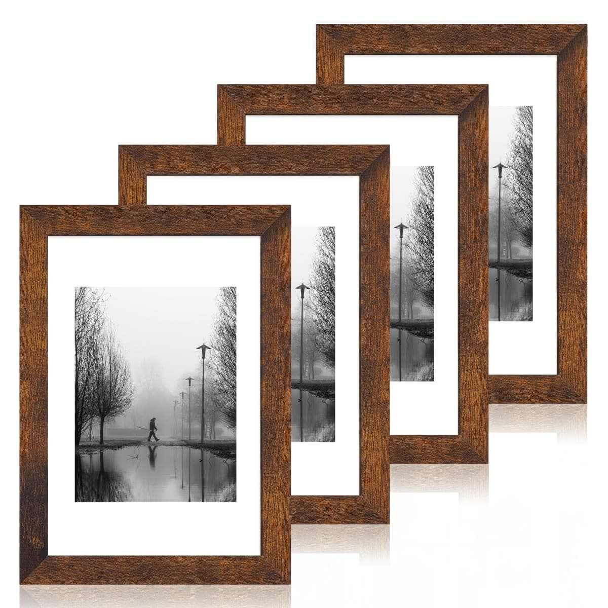 iRahmen 8x12 Picture Frame Set of 4 with High Definition Real Glass, Display 6x8 Pictures with Mat or 8 x 12 Without Mat, Rustic Photo Frames for Tabletop and Wall Mounting