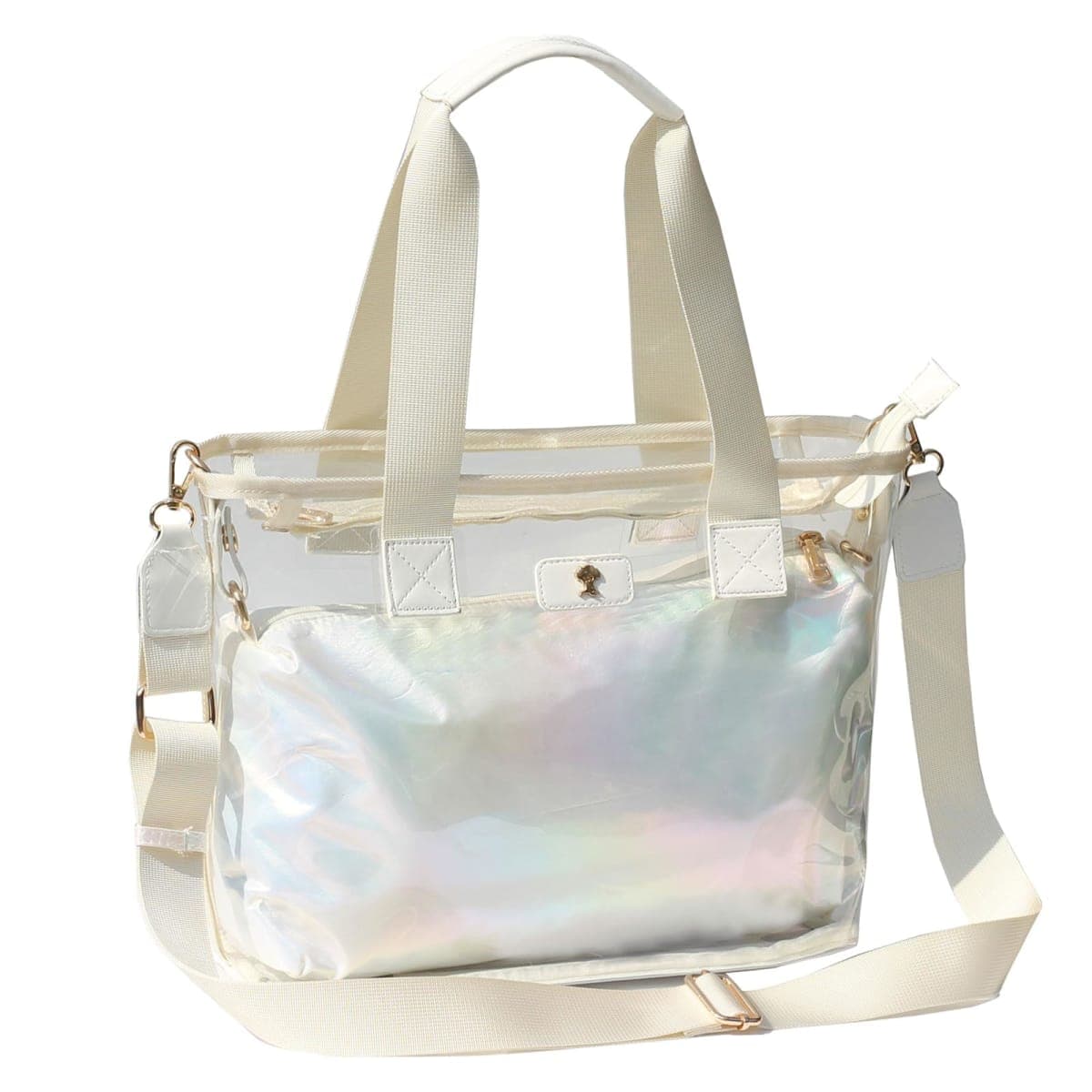 Iridescent Soap Bubble Clear Tote Bag – Stadium Approved with Bag-in-Bag Shoulder Design for Concerts, Beaches, Events, White, Large