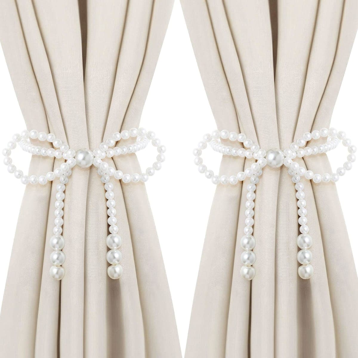 Lewtemi 2 Pcs Pearl Bow Magnetic Curtain Tiebacks Decorative Curtain Holdbacks No Drill for Mother's Day Home Outdoor Bedroom Office (Bowknot)
