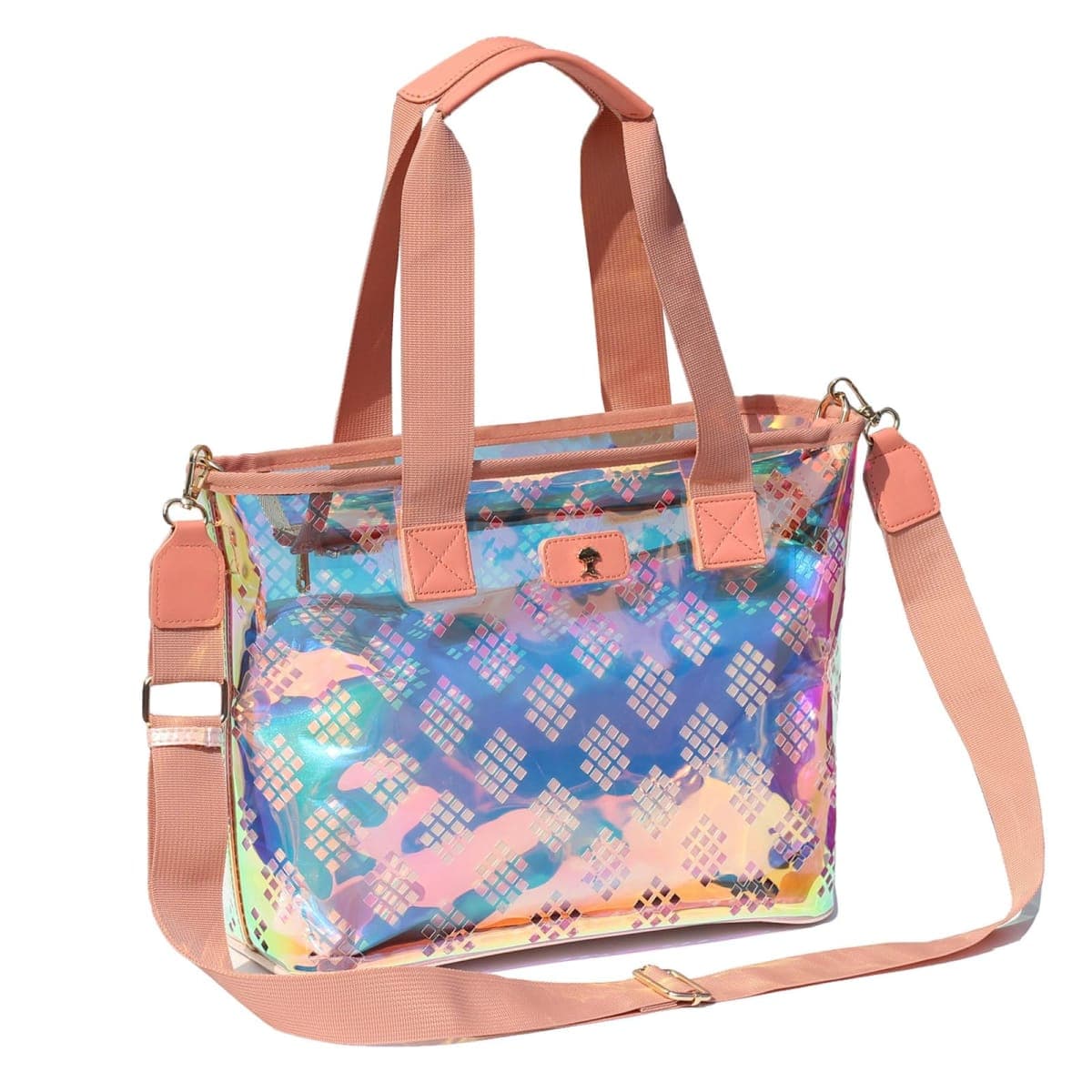 Iridescent Soap Bubble Clear Tote Bag – Stadium Approved with Bag-in-Bag Shoulder Design for Concerts, Beaches, Events, A Pink Orange, Large