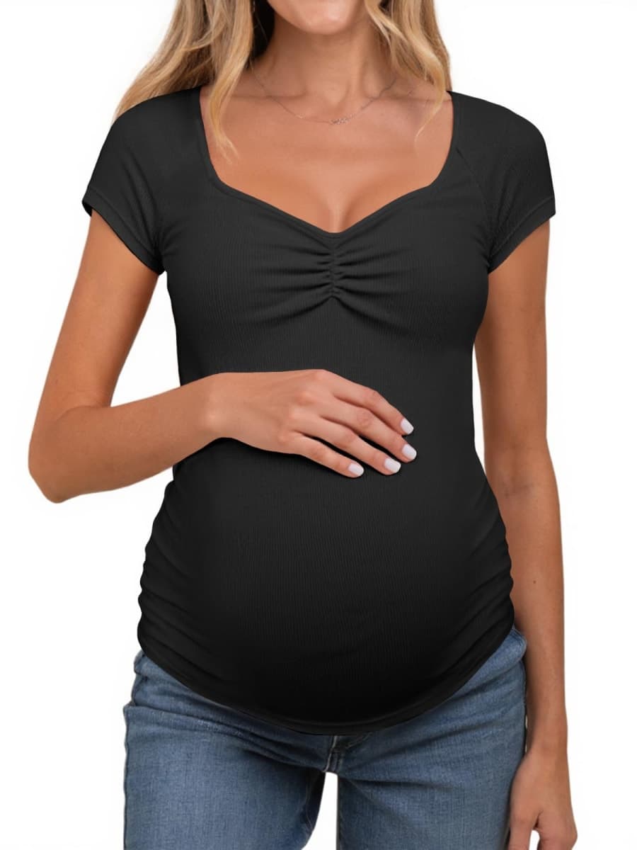 Tankaneo Womens V Neck Maternity Tops Cap Sleeve Fitted Breastfeeding T Shirts Summer Pleated Pregnancy Clothes Black