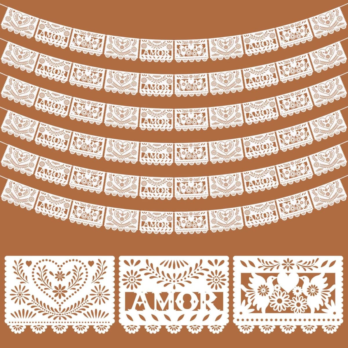 6 Pack White Papel Picado Mexican Wedding Cielito Lindo Party Decoration 118 Feet White Dia De Los Muertos Decorations Classroom Banner for Altar Mexican Wedding Birthday(Amor)