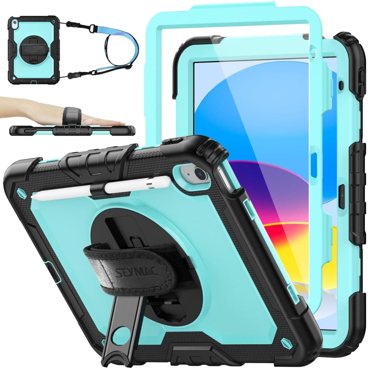 SEYMAC stock Case for iPad (A16) 11th/10th Generation 2025/2022, Full-Body Drop Protection Case with Screen Protector &360° Rotate Hand Strap/Stand, usLightBlue