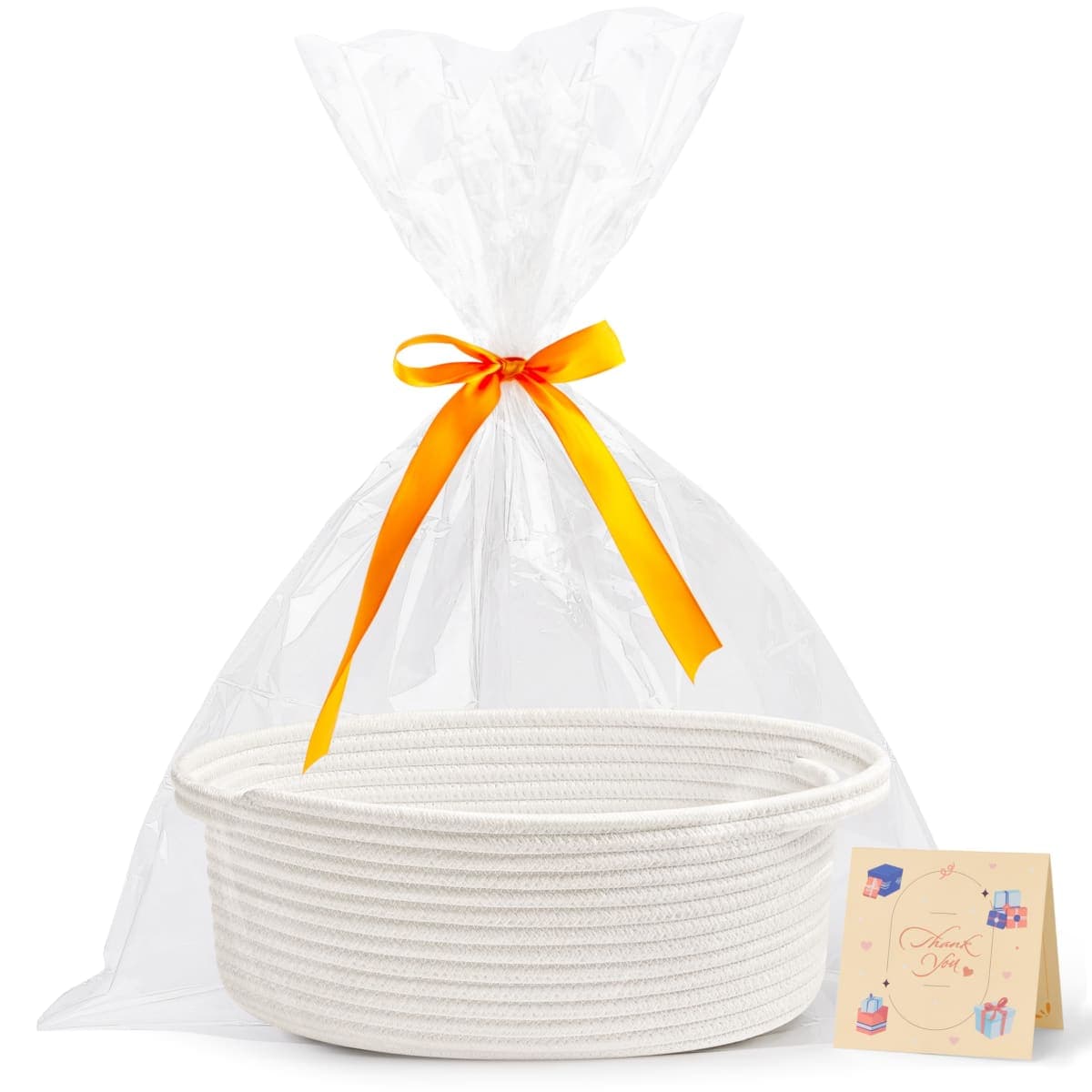 Pro Goleem Small Woven Basket with Gift Bags and Ribbons Durable baskets for Gifts Empty Small Rope Basket for Storage 12"X 8" X 5" Baby Toy Basket with Handles,White