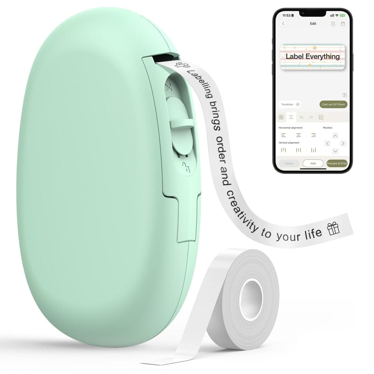 SUPVAN E10 Bluetooth Label Maker Machine with Tape, Continuous Waterproof Label, Versatile App with 30+ Fonts and 660+ Icons, Label Printer for Home, Kitchen, School, Office Organization, Green