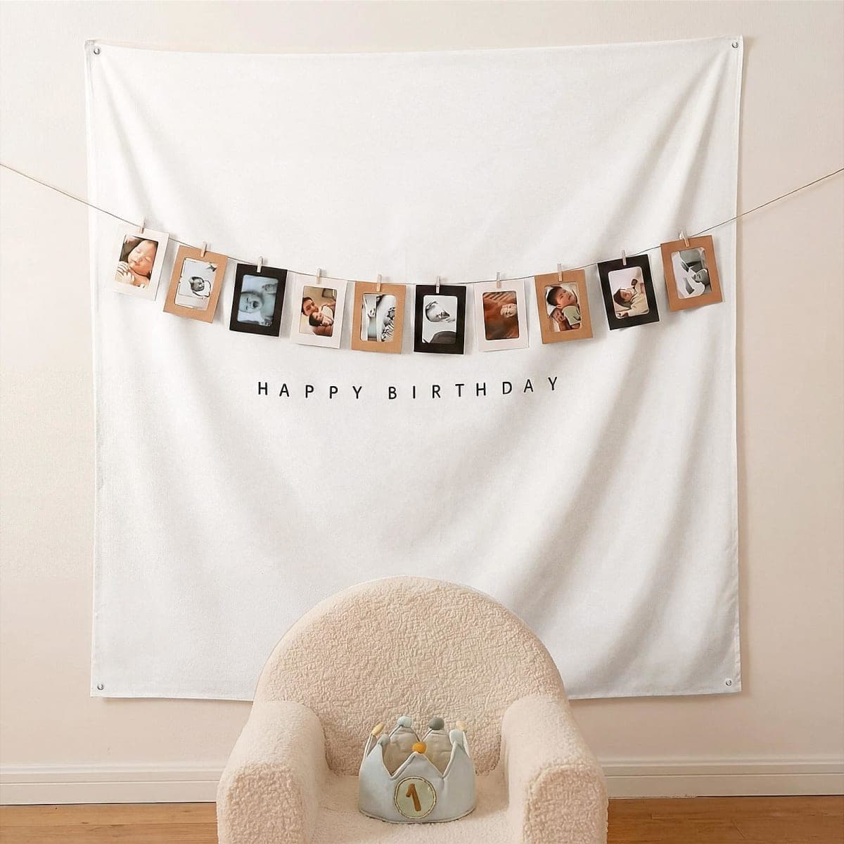 Gilprop 59x59 Inches Happy Birthday Tapestry White Fabric Happy Birthday Banner with 10 Photo Frames, Custom Wall Flag, Boho Wall Art for Party Indoor Outdoor Yard Decor