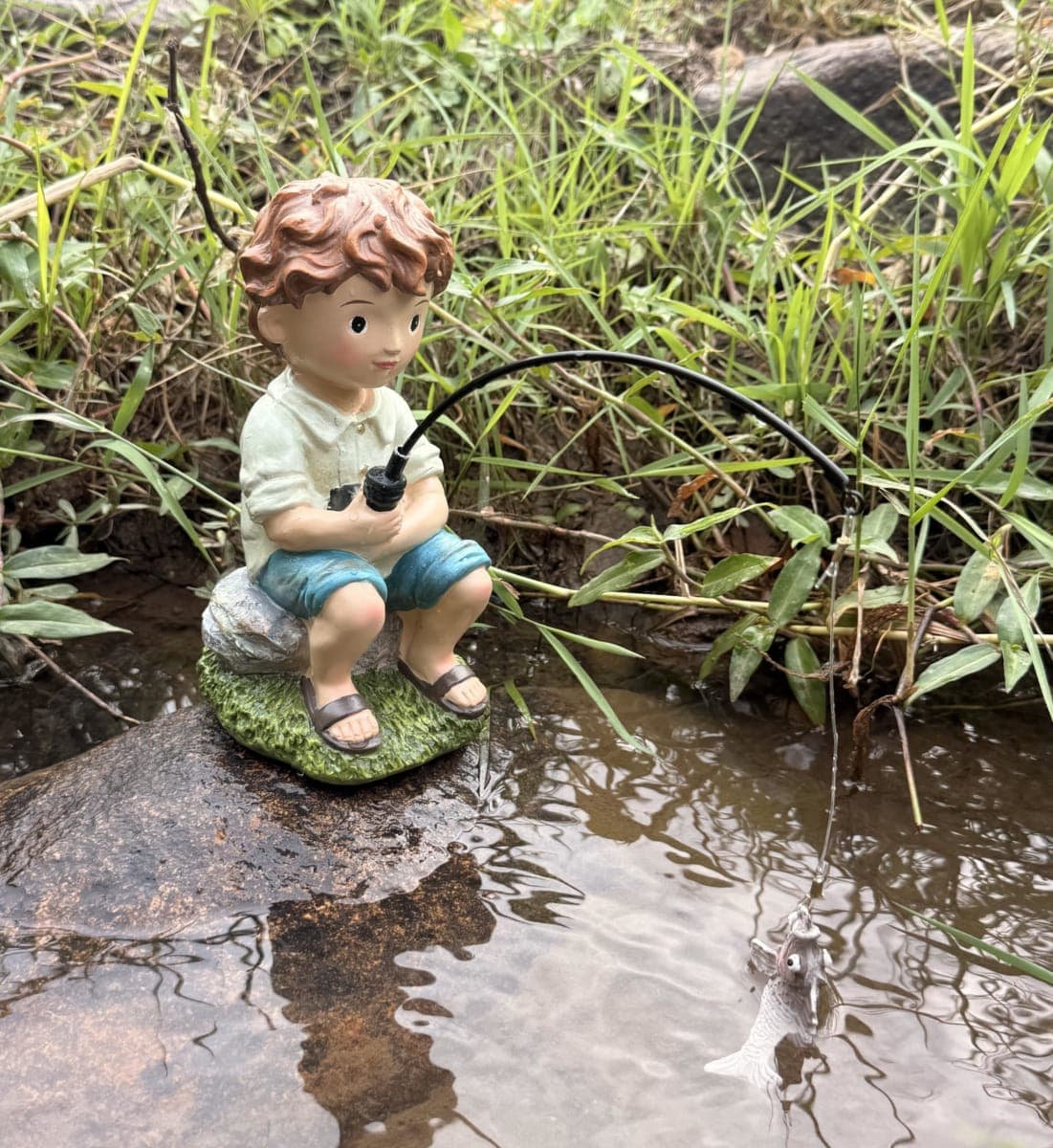 coolboy Garden Pond Boy Outdoor Statue,Animal Decorations for Yard Fishing Statue & Figurines Outdoor Garden Decor,Fishing Boy Sculpture for Waterfalls or Koi Pond Decor,Gifts for Fishing Lovers