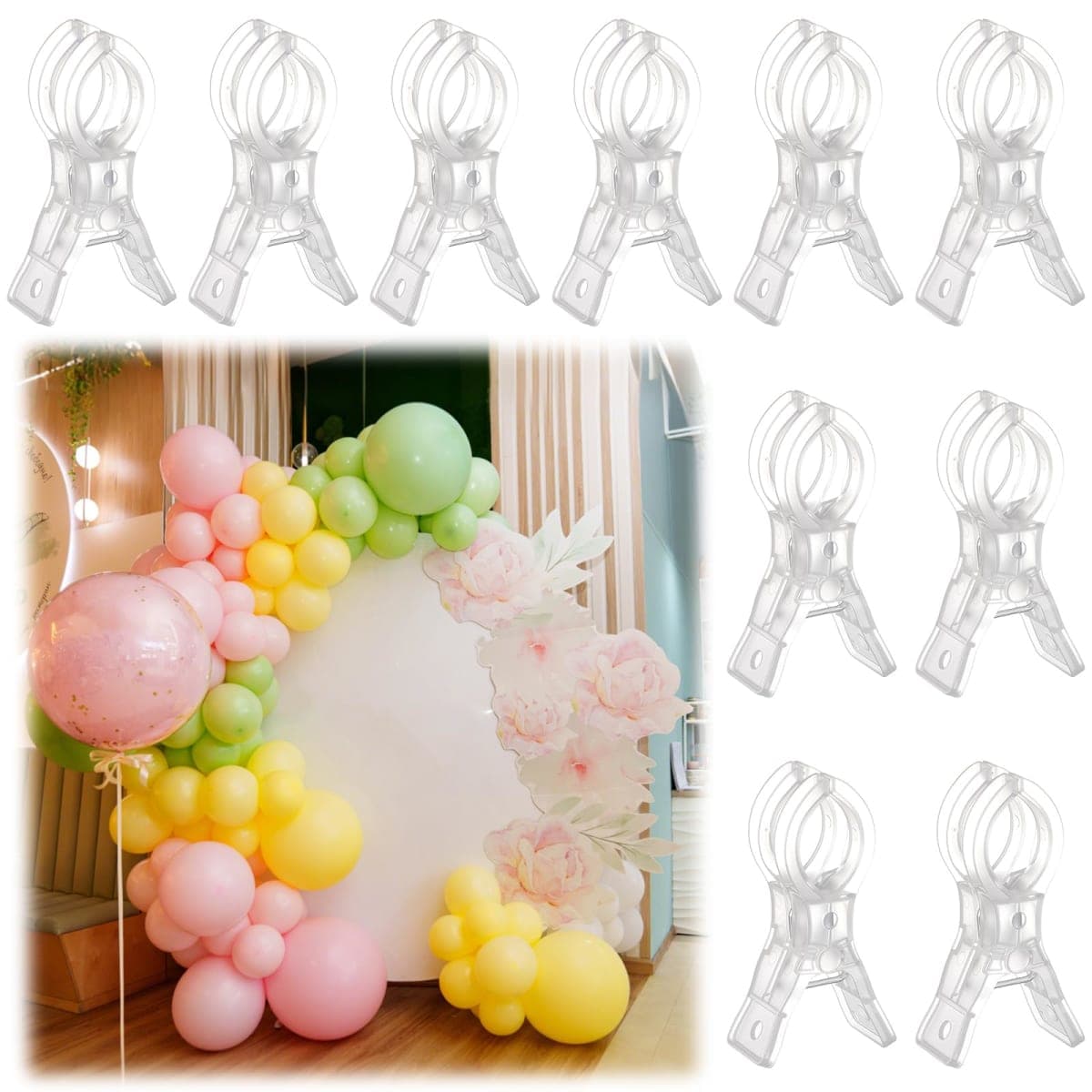 LemonRoad 10 Pack Large Balloon Arch Clips Plastic Transparent Backdrop Spring Clamps 3.5 Inch Heavy Duty Clip for Balloon Arch Kit Birthday Decoration Crafts Woodworking Photography Studios (Clear)