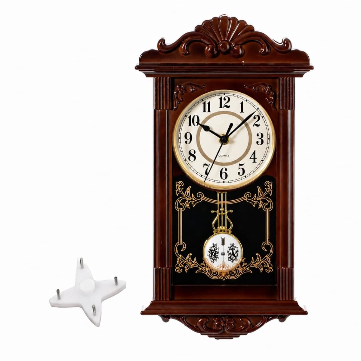 Clockswise Vintage Grandfather Wood-Looking Plastic Pendulum Wall Clock for Living Room, Kitchen, or Dining Room, Brown, QI004145.BN