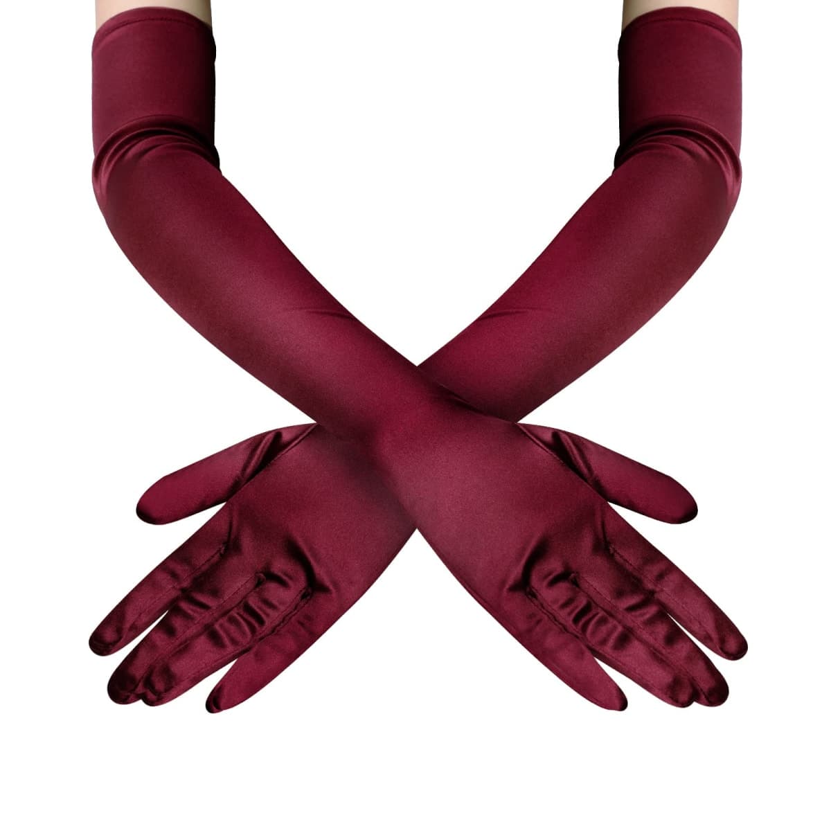 Lansian Women's 22'' Long Satin Gloves White Elbow Length 1920s Opera Bridal Dance Gloves For Evening Party Opera Costume Accessory, Wine Red