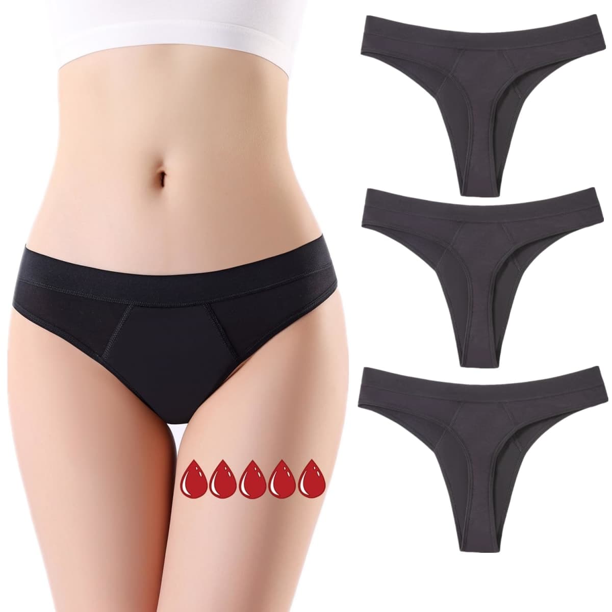 ZVZK Period Underwear for Women Leak Proof Period Thongs,Heavy Flow Absorbent Menstrual Panties G-Strings (L 3 Black)