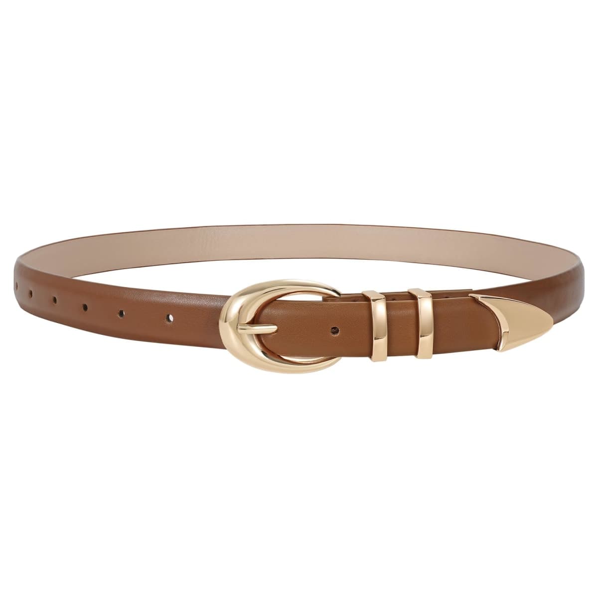 TRIWORKS Women Leather Belt for Jeans Pants Fashion Ladies Skinny Faux Leather Dress belt with Gold Buckle, Brown-2 Gold Loop, Fit Waist Size 27"-31"