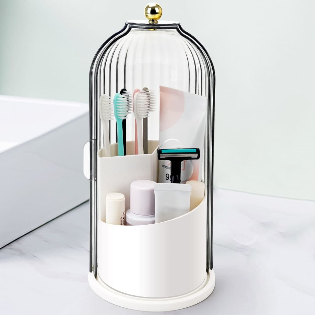 QIYVLOS Toothbrush Holders with Sliding Lid, Rotating 3 Slots Bathroom Organizer Countertop, Tooth Brush Toothpaste Holder Bathroom Counter Stand Sink Organizer Caddy for Vanity Makeup Brushes Holder