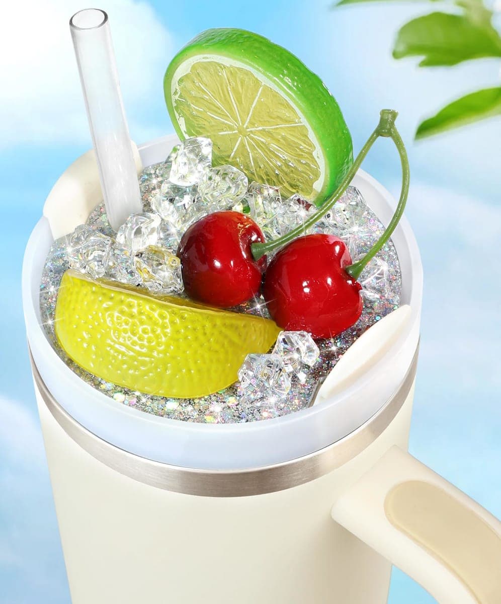 Toykee Lid Plate Topper for Stanley Cup 30 oz - Silver Lemon Cherry Decoration Accessories for Tumbler, Water Botter Glitter Bling Decor for Women Girls