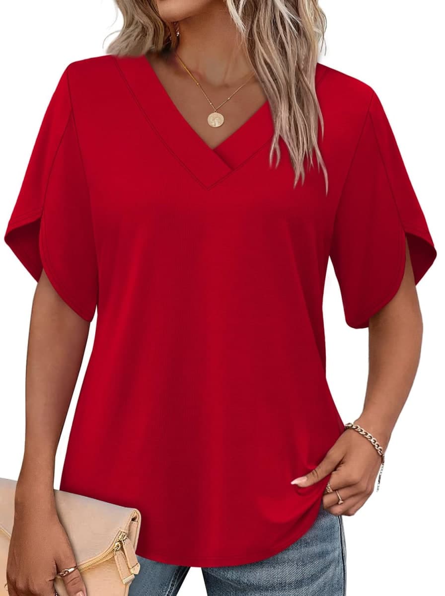 WIHOLL Womens Summer Tops Short Petal Sleeve Shirts Fashion V Neck Outfits Clothes, 01 Red, Large