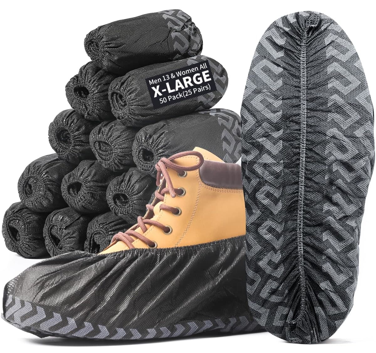X-Large 50 Pack Shoe Covers Disposable Non-Slip, Black Non-Woven Fabric Boot Covers, Stretchable Fits Up to Size 13 US Men (Black, 50 Pack)