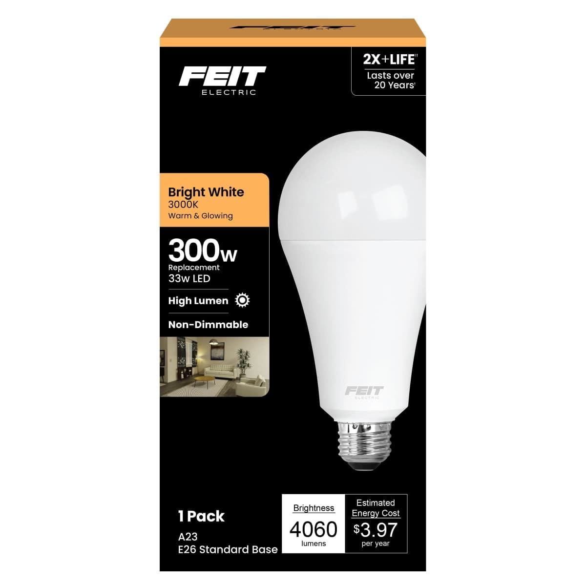 Feit Electric A23 LED Light Bulb, 300W Equivalent, Non-Dimmable, 4060 Lumens, E26 Standard Base, 3000k Soft White, High Output LED Bulb, Damp Rated, 22 Year Lifetime, OM300/830/LED