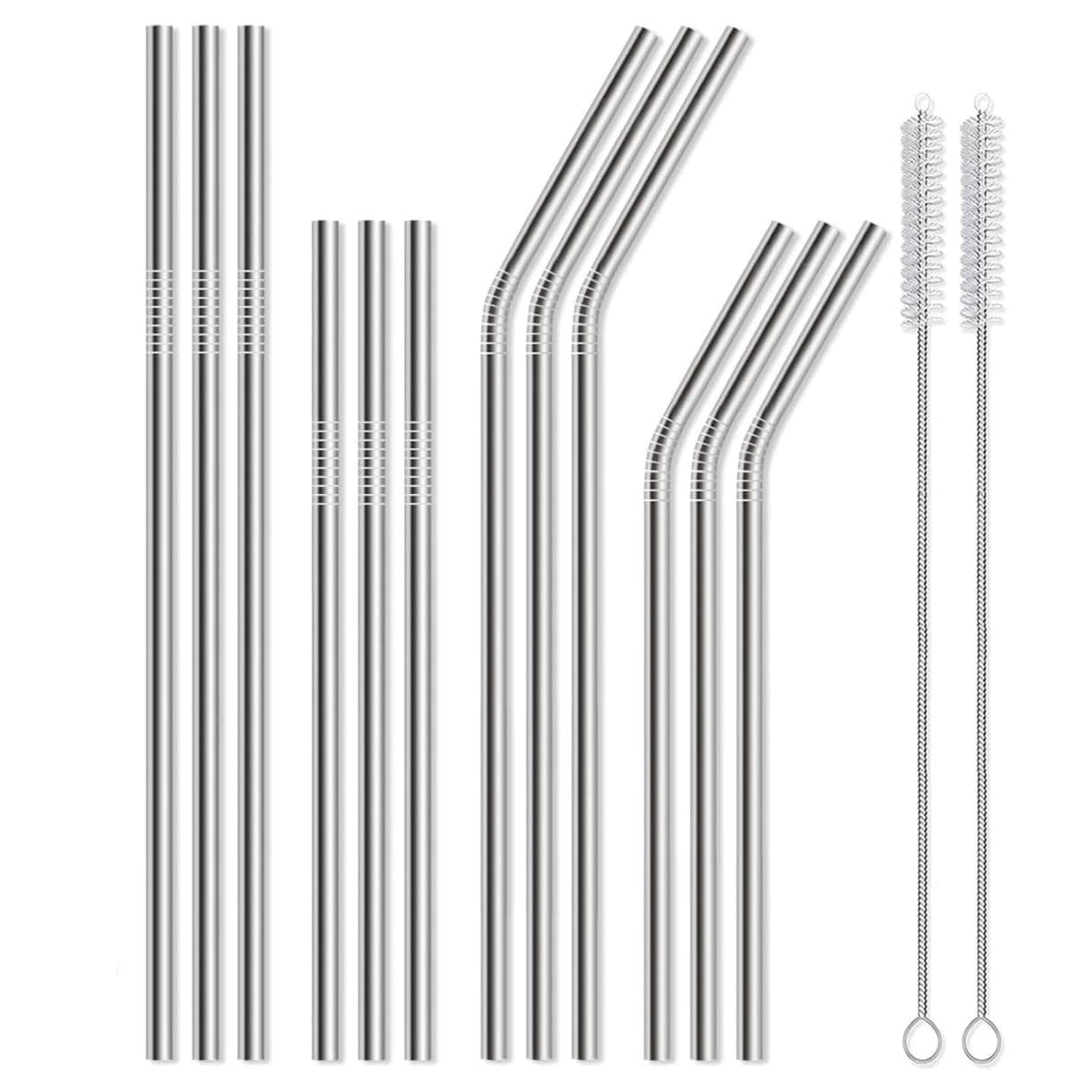 12 Pack of Reusable Stainless Steel Metal Straws, 3 Straight + 3 Bent 10.5 Inch and 3 Straight + 3 Bent 8.5 Inch Metal Straws with 2 Cleaning Brushes for 20 24 30 oz Tumbler Dishwasher Safef