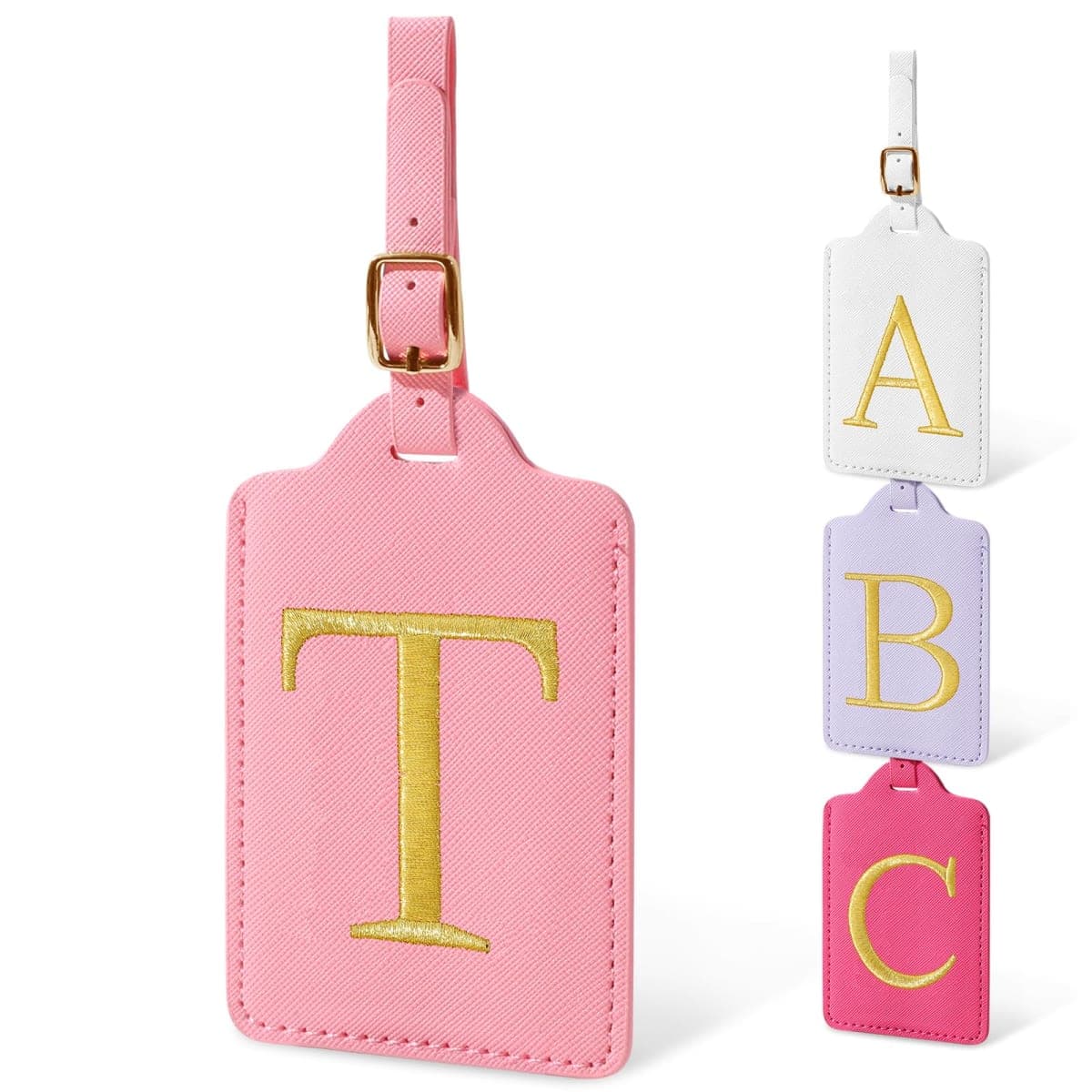 Initial Letter Luggage Tags for Suitcases, Cute Embroidered Travel Luggage Bag Suitcase Identifier Name Baggage Tag, Pink/Golden-letter, T, playful