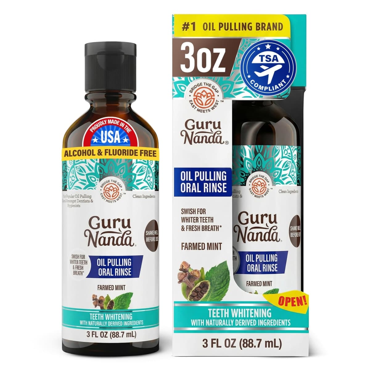GuruNanda Travel Size CocoMint Oil Pulling Mouthwash, 7 Essential Oils & Vitamins, Promotes Fresh Breath & Happy Gums, No Alcohol & Fluoride, 3 oz