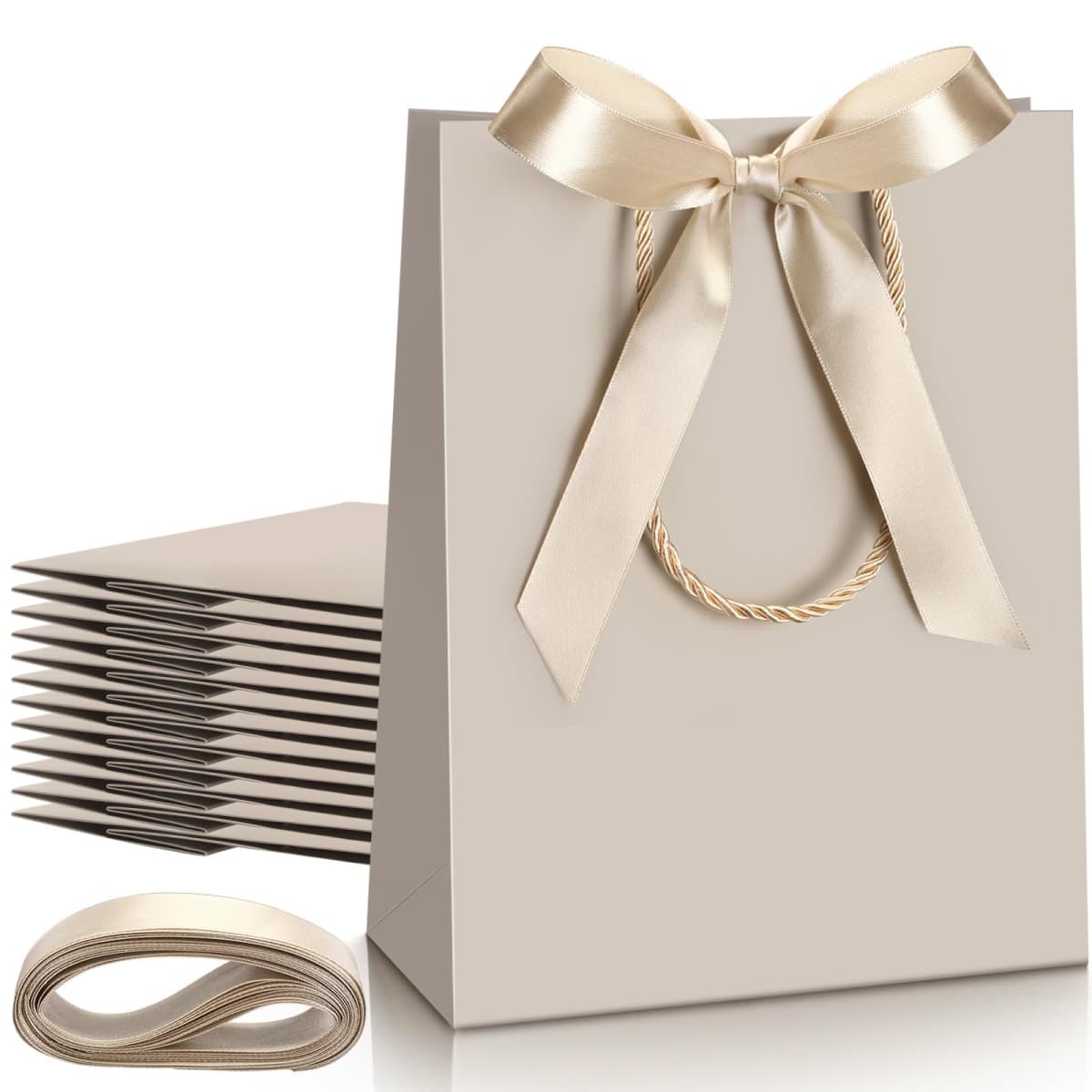 Silkfly 12 Pcs Wedding Paper Gift Bags with Handle 9x7x3.15'' Thank You Gifts Bags with Ribbon Bow Bridal Shower Gifts for Baby Shower Graduation Holiday Birthday Party Supplies (Champagne)
