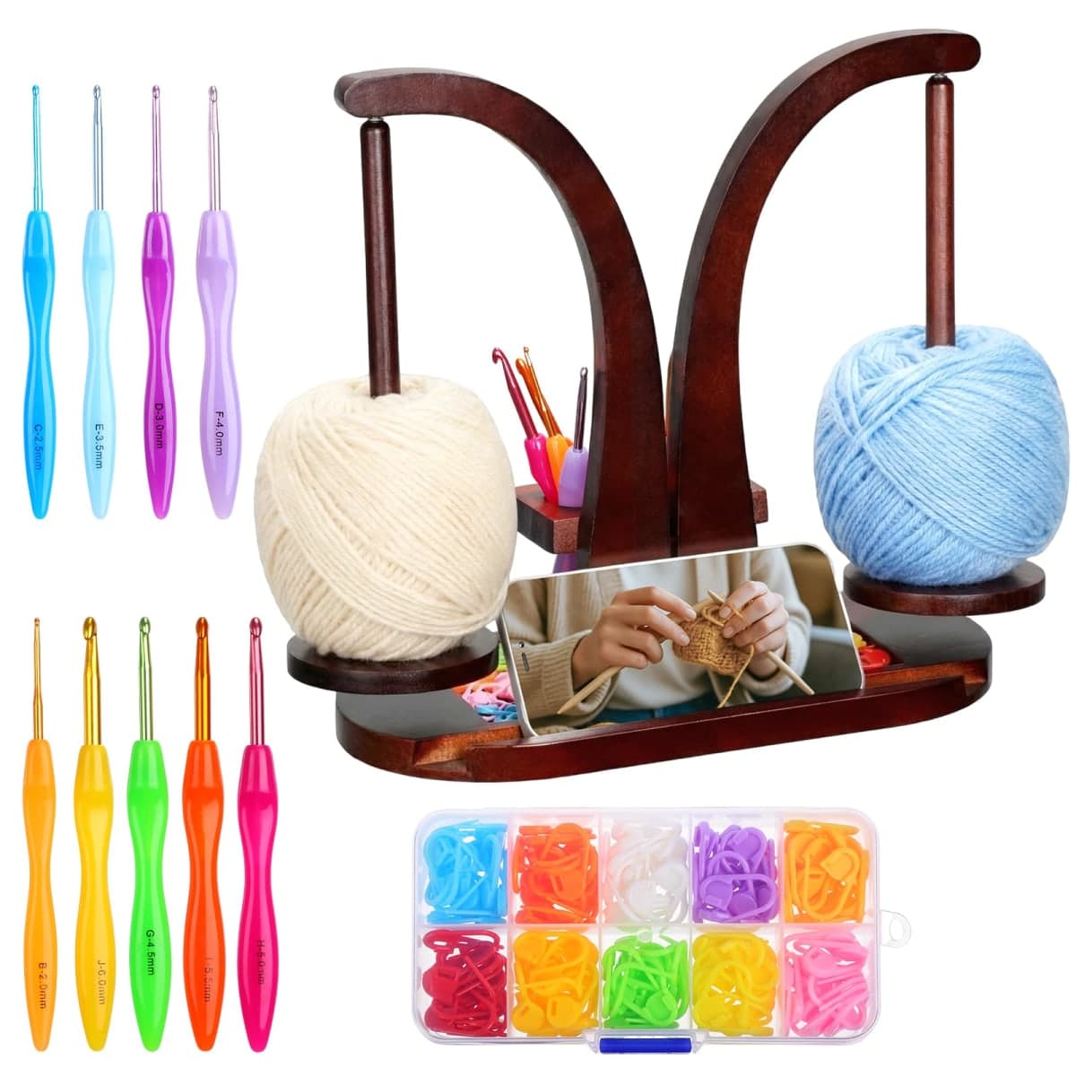 Yinkin Wooden Yarn Holder for Crocheting and Knitting, Magnetic Rotating Yarn Ball Holder with 2 Spindles and Crochet Hook, Stitch Markers for Knitting & Crocheting, DIY Lovers Crafts