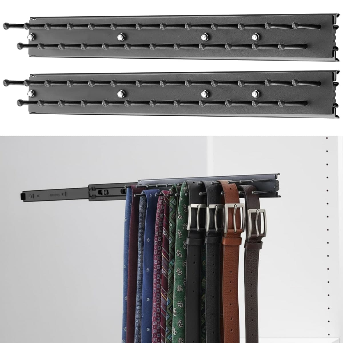 Blulu 2 Pcs Sliding Tie Rack Hanger for Closet, 25 Tie Pull Out Wall Mount Extending Sturdy Metal Belt Organizer Holder for Men Belt Storage, 13.8'' x 1.7'', Black