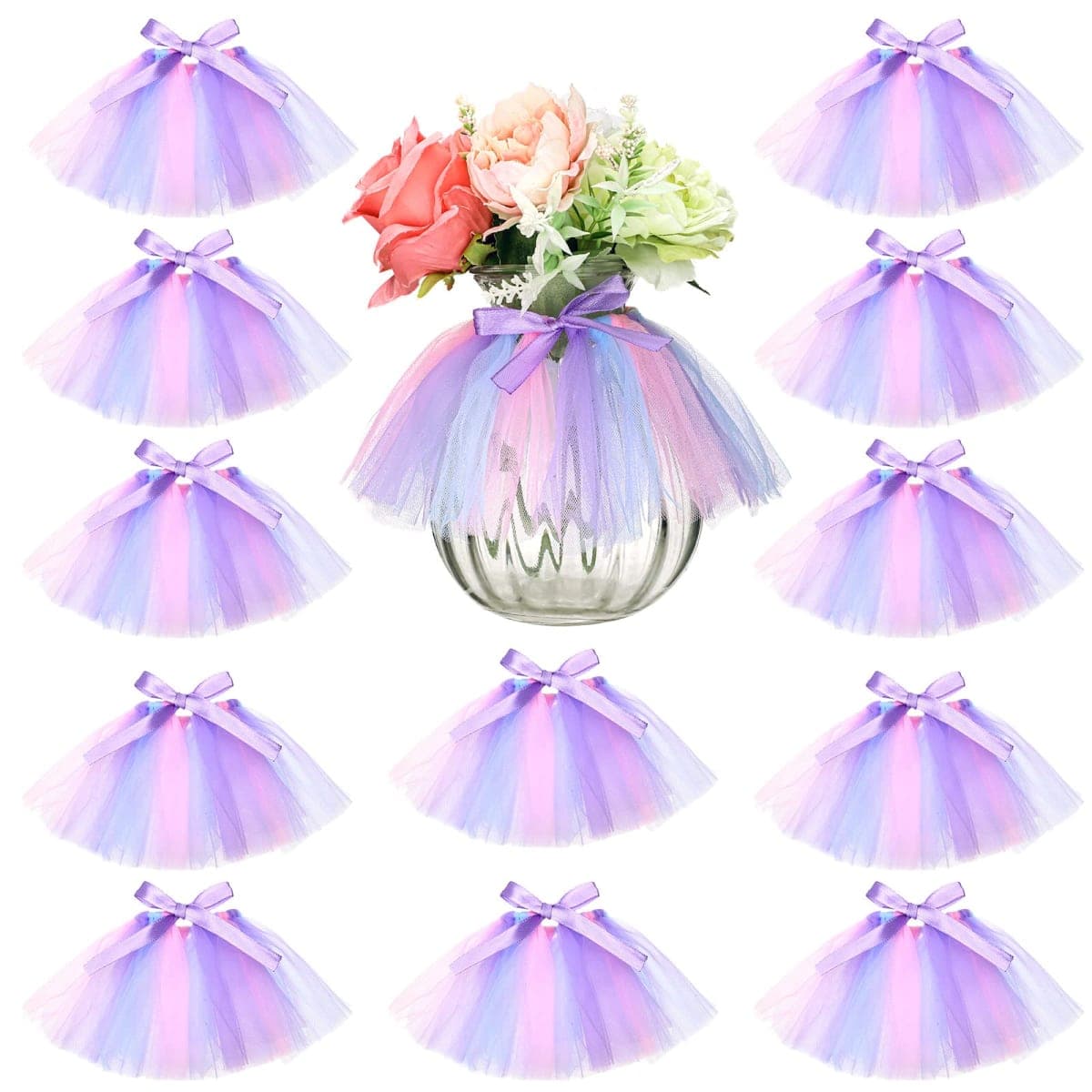 Tatuo 12 Pieces Mini Tutu Table Skirt Wine Bottle Cover Tutu Skirt Tulle Vase Skirt Decor Garland Centerpieces for Wedding Baby Shower Cake Dessert Birthday Party(Unicorn Color)