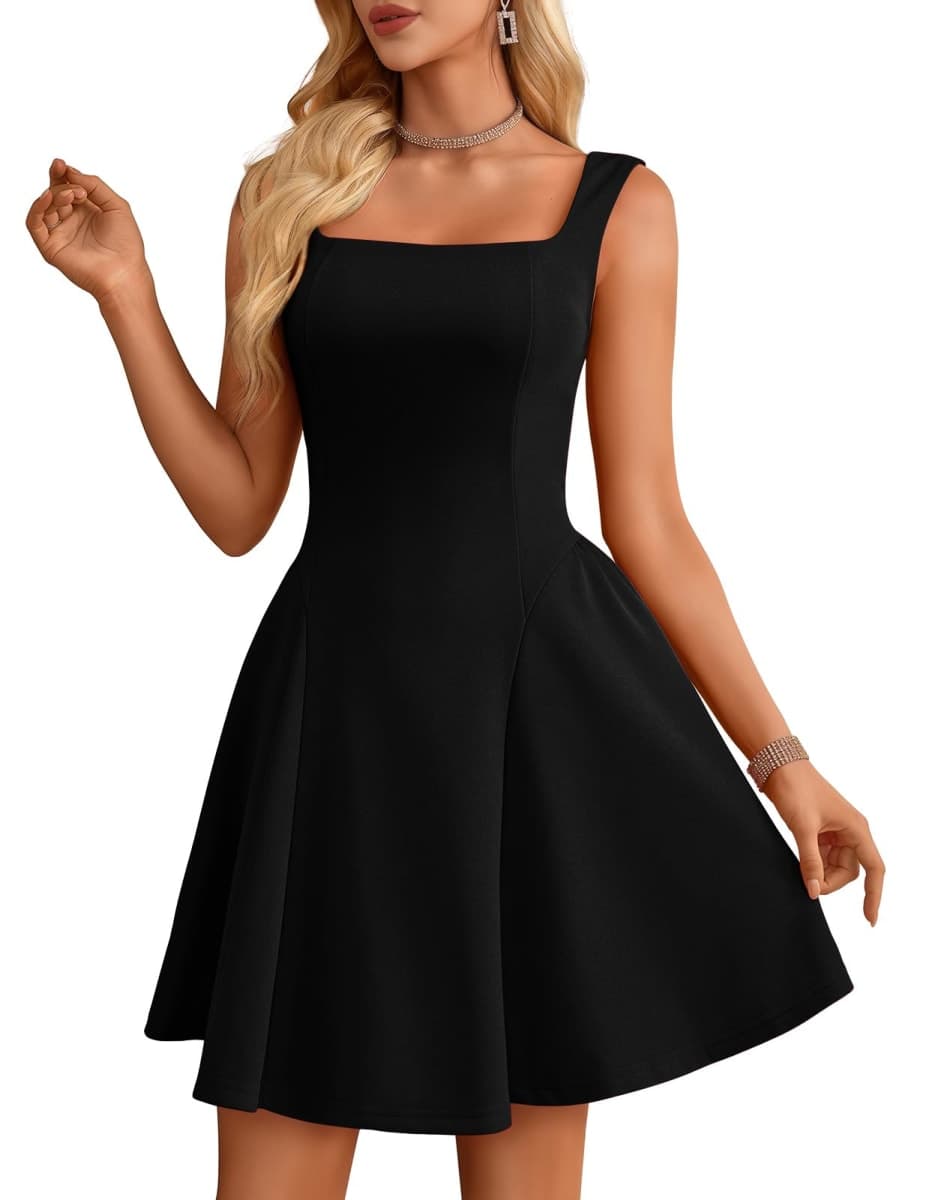 Bbonlinedress Womens Square Neck Mini Prom Cocktail Party Dress Sleeveless Short A-line Formal Wedding Guest Dress, Black, Small