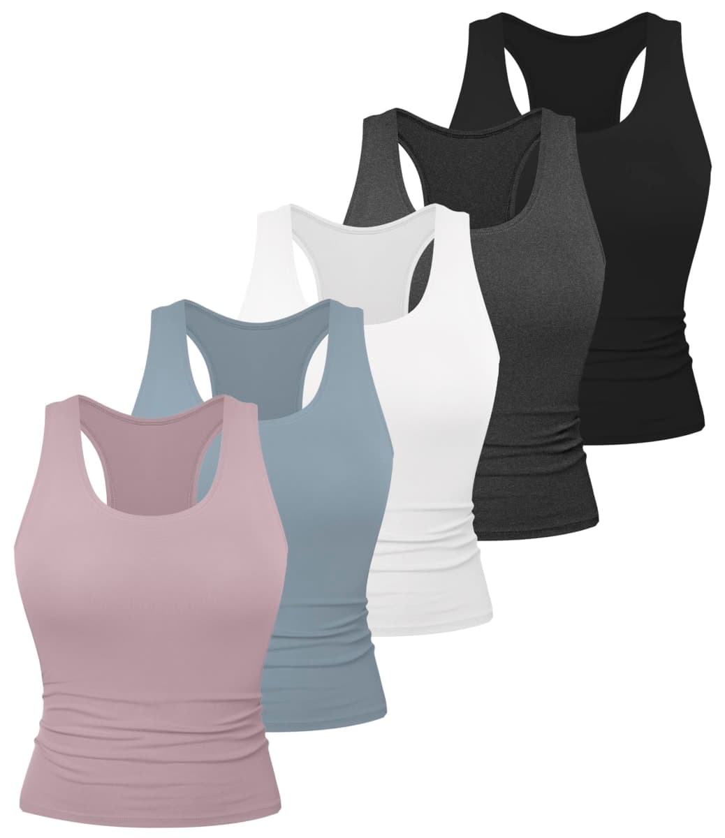 Dalavch 5/6 Pack Women's Workout Racerback Tank Tops Spandex Yoga Athletic Running Gym Sports Crop Tops for Women, 1 Black 1 White 1 Heather Grey 1 Pink 1 Blue, Medium