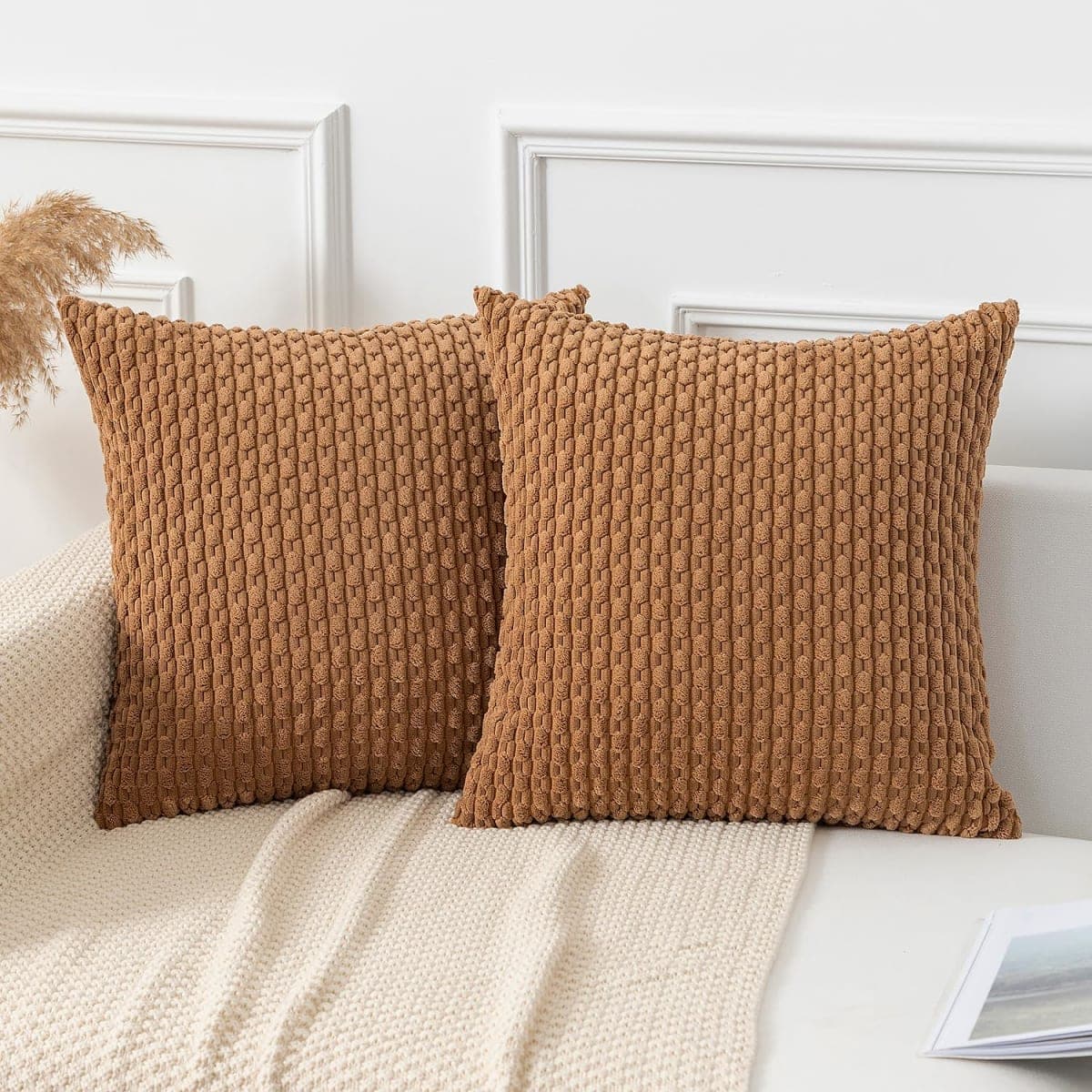 Kevin Textile Soft Corduroy 18x18 Inch Pillow Covers 2 Pack, Khaki