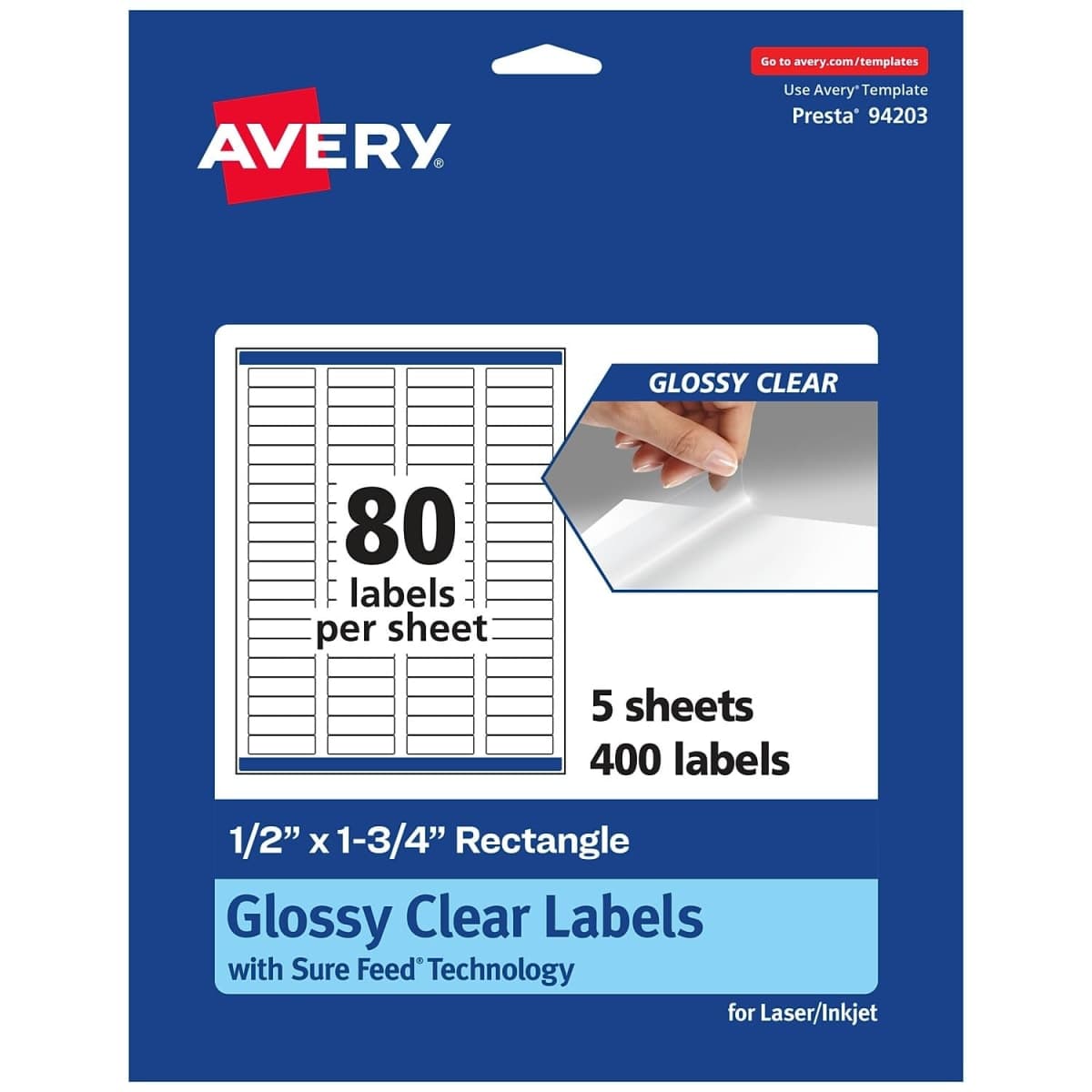 Avery Glossy Clear Rectangle Labels, Sure Feed Technology, 0.5" x 1.75", 320 Glossy Clear Labels, Laser/Inkjet Printable
